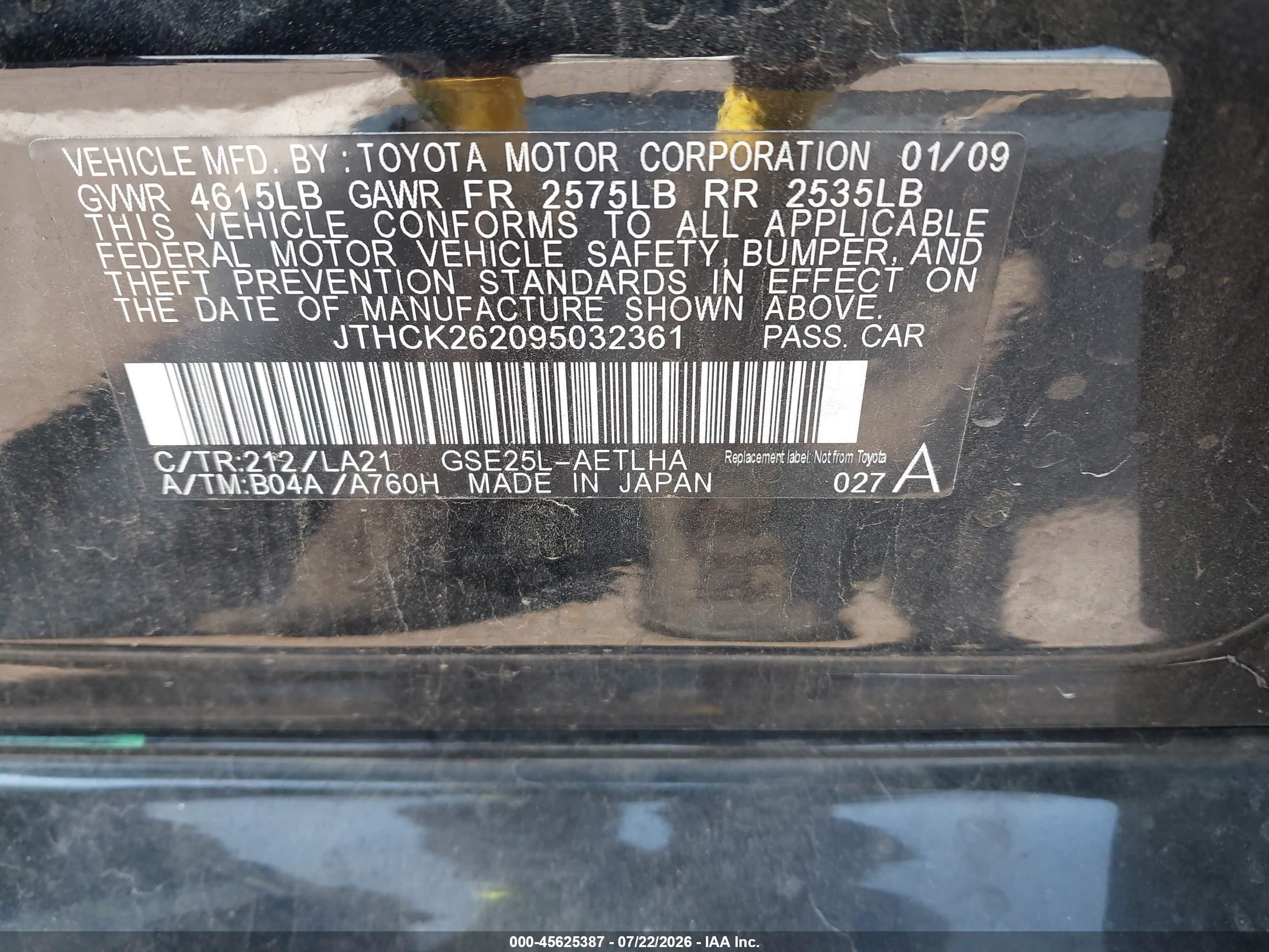 2009 Lexus Is 250   Black vin: JTHCK262095032361