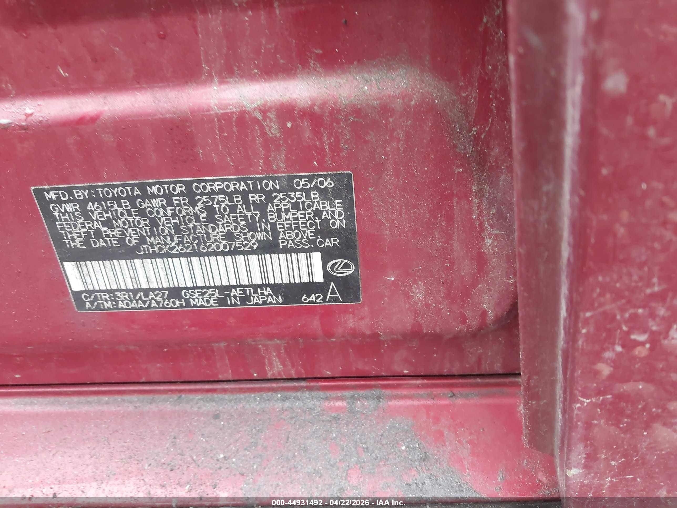 2006 Lexus Is 250   Red vin: JTHCK262162007529