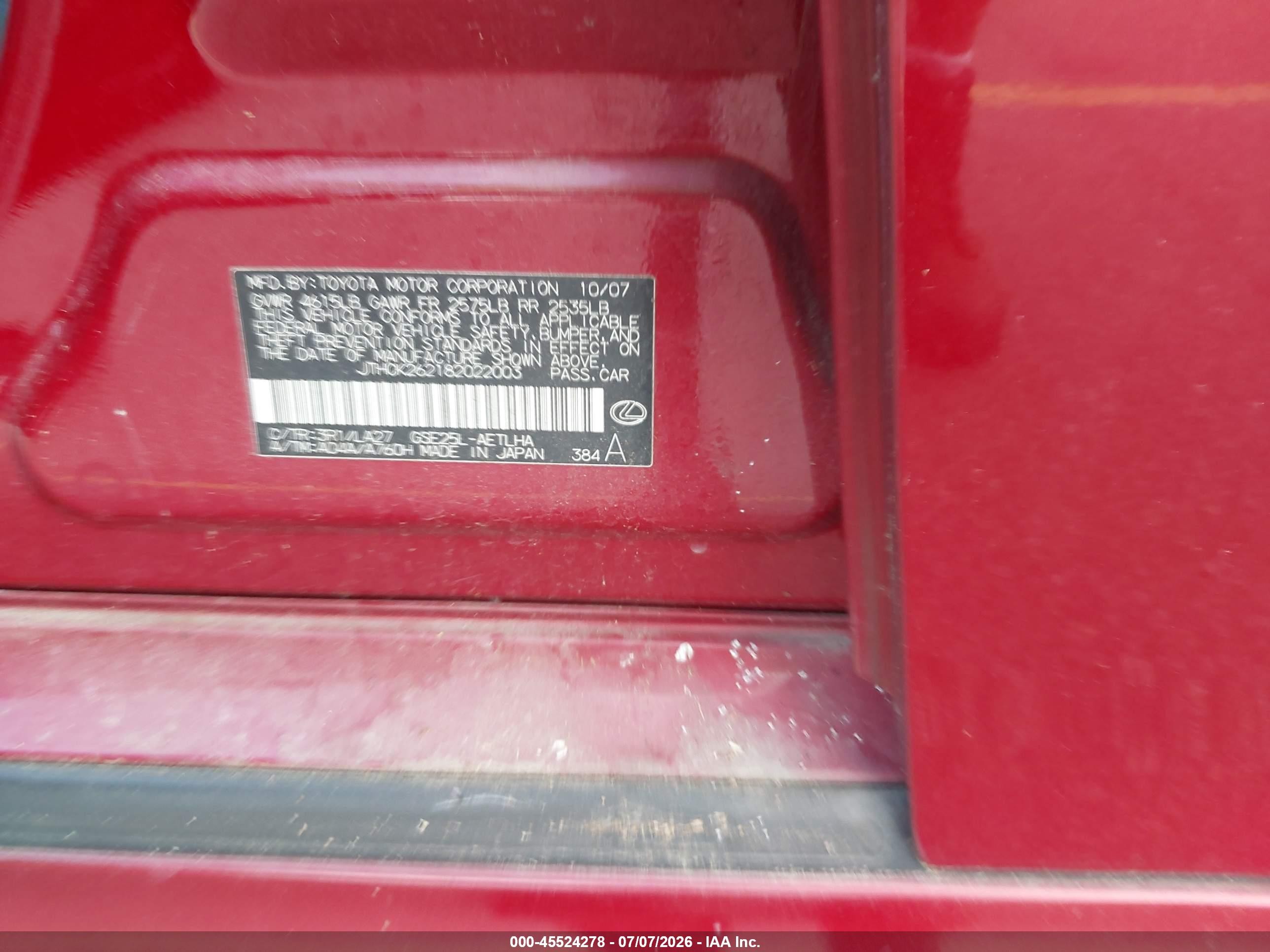 2008 Lexus Is 250   Red vin: JTHCK262182022003