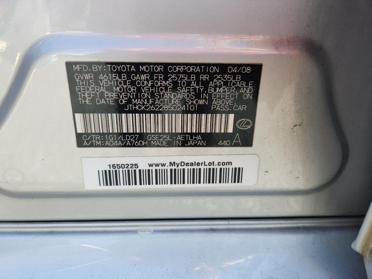 2008 Lexus Is 250 Gray vin: JTHCK262285024101