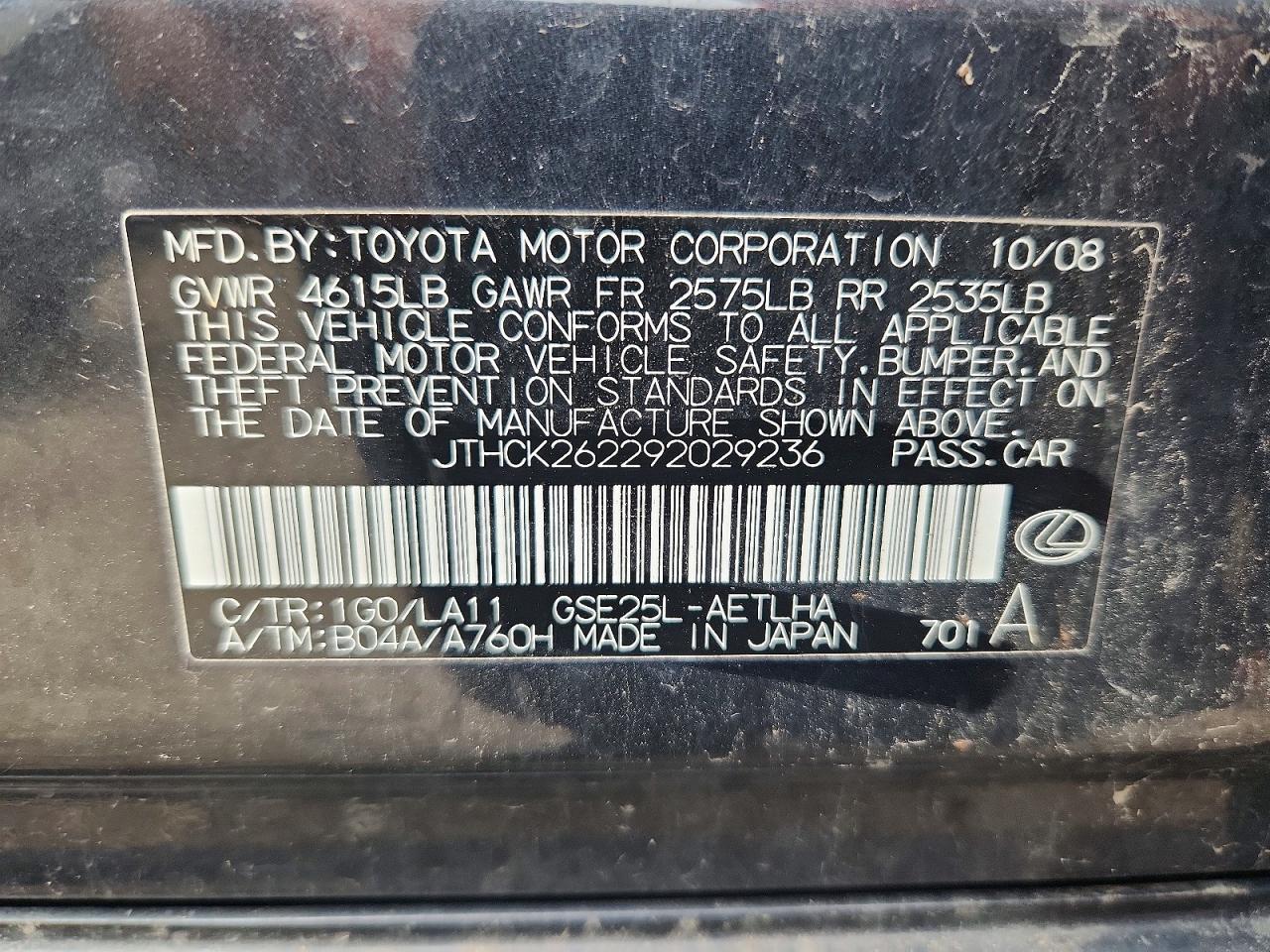 2009 Lexus Is 250 Black vin: JTHCK262292029236