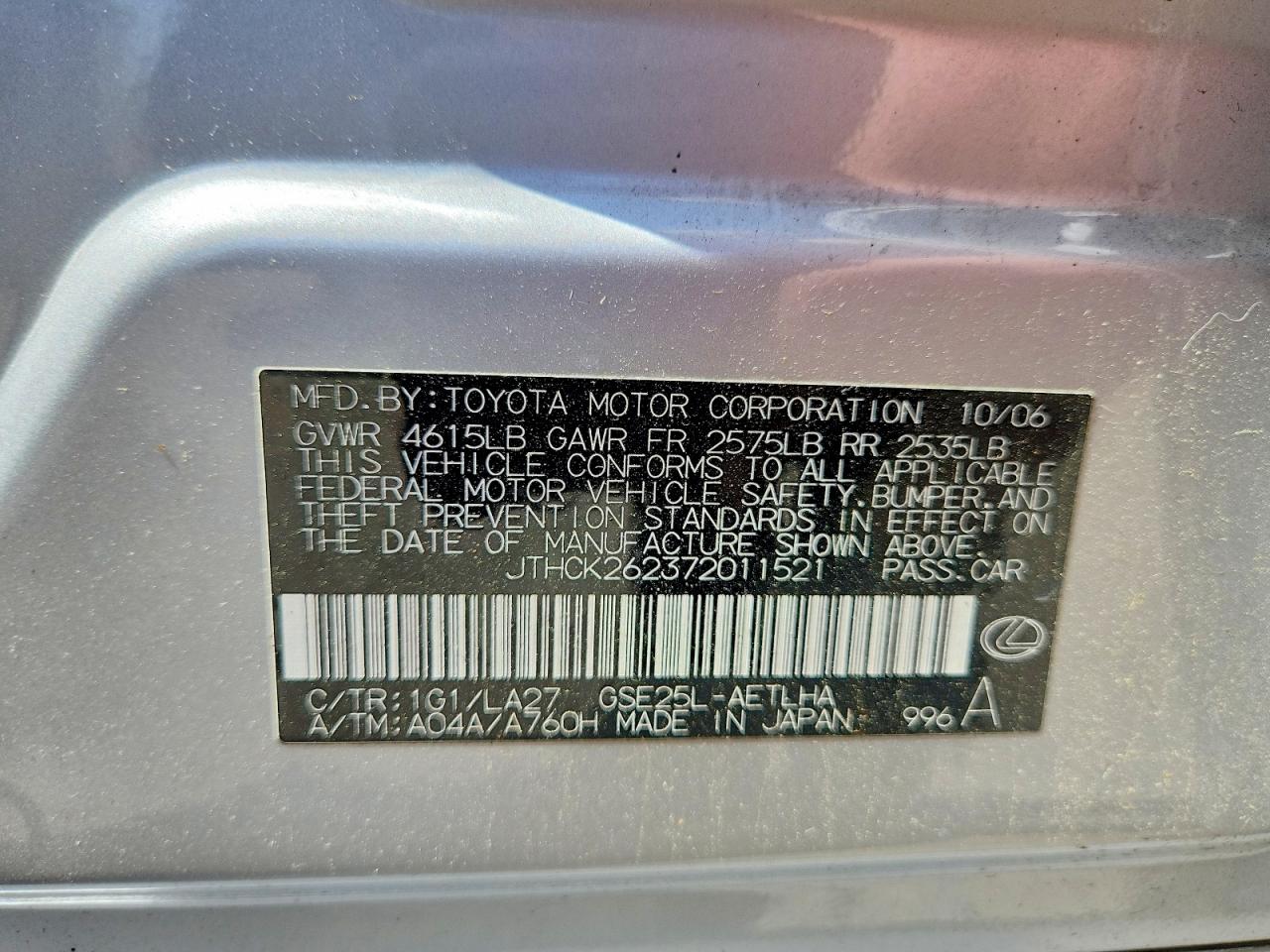 2007 Lexus Is 250 Silver vin: JTHCK262372011521