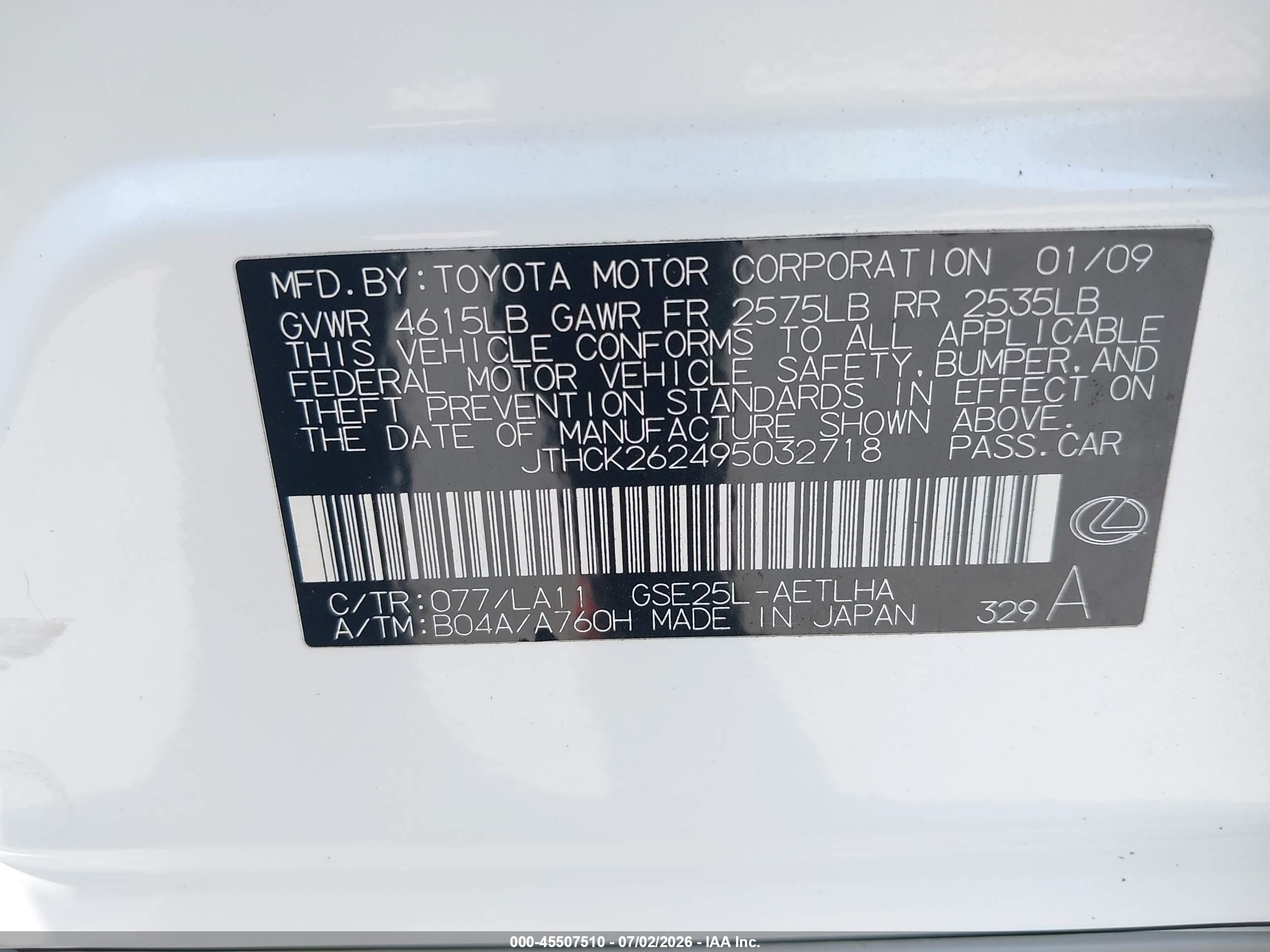 2009 Lexus Is 250   White vin: JTHCK262495032718