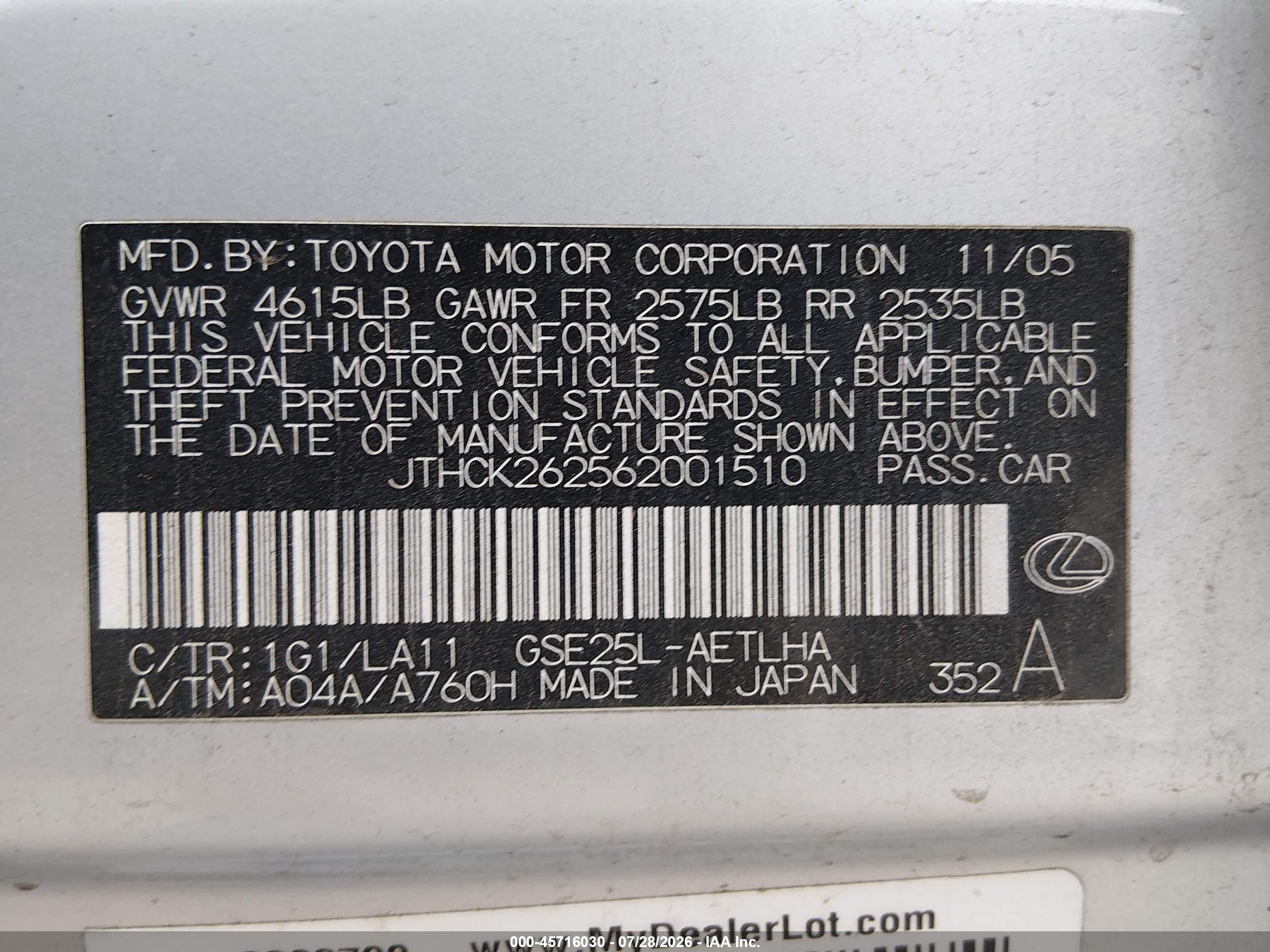 2006 Lexus Is 250   Silver vin: JTHCK262562001510