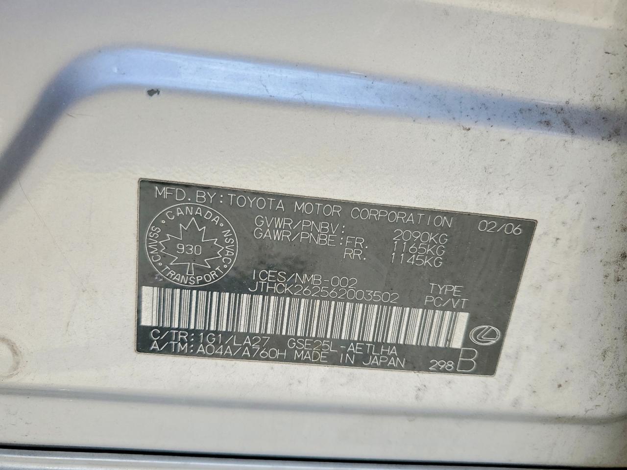 2006 Lexus Is 250 Silver vin: JTHCK262562003502
