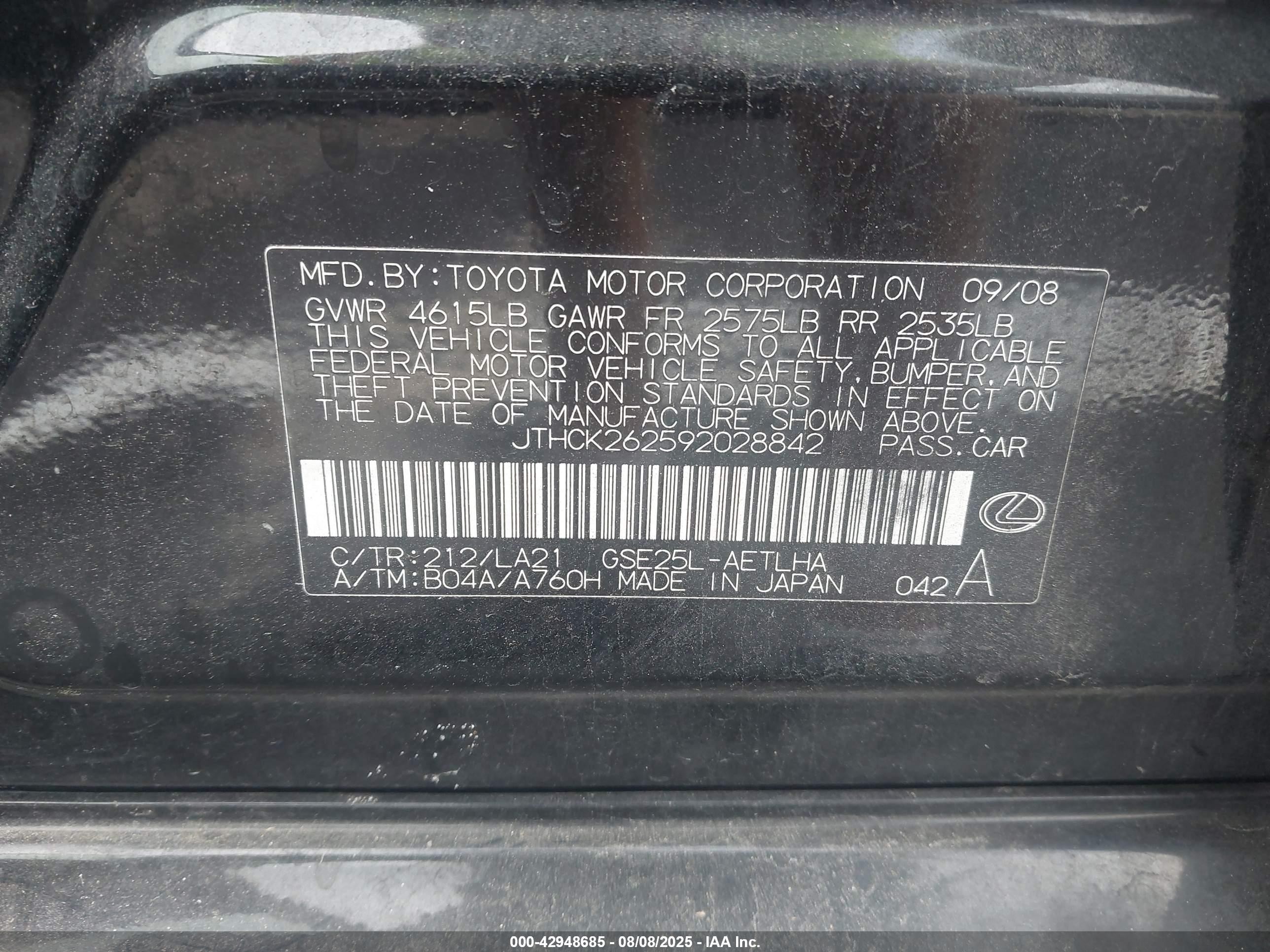 2009 Lexus Is 250   Black vin: JTHCK262592028842