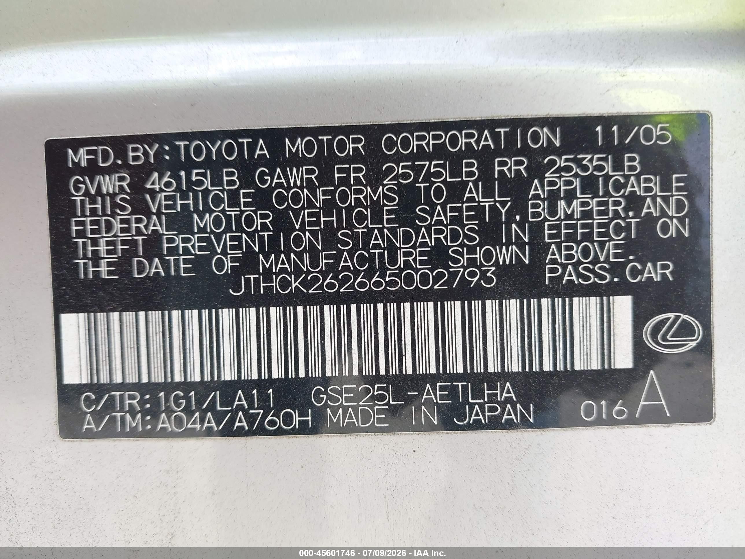 2006 Lexus Is 250   Silver vin: JTHCK262665002793