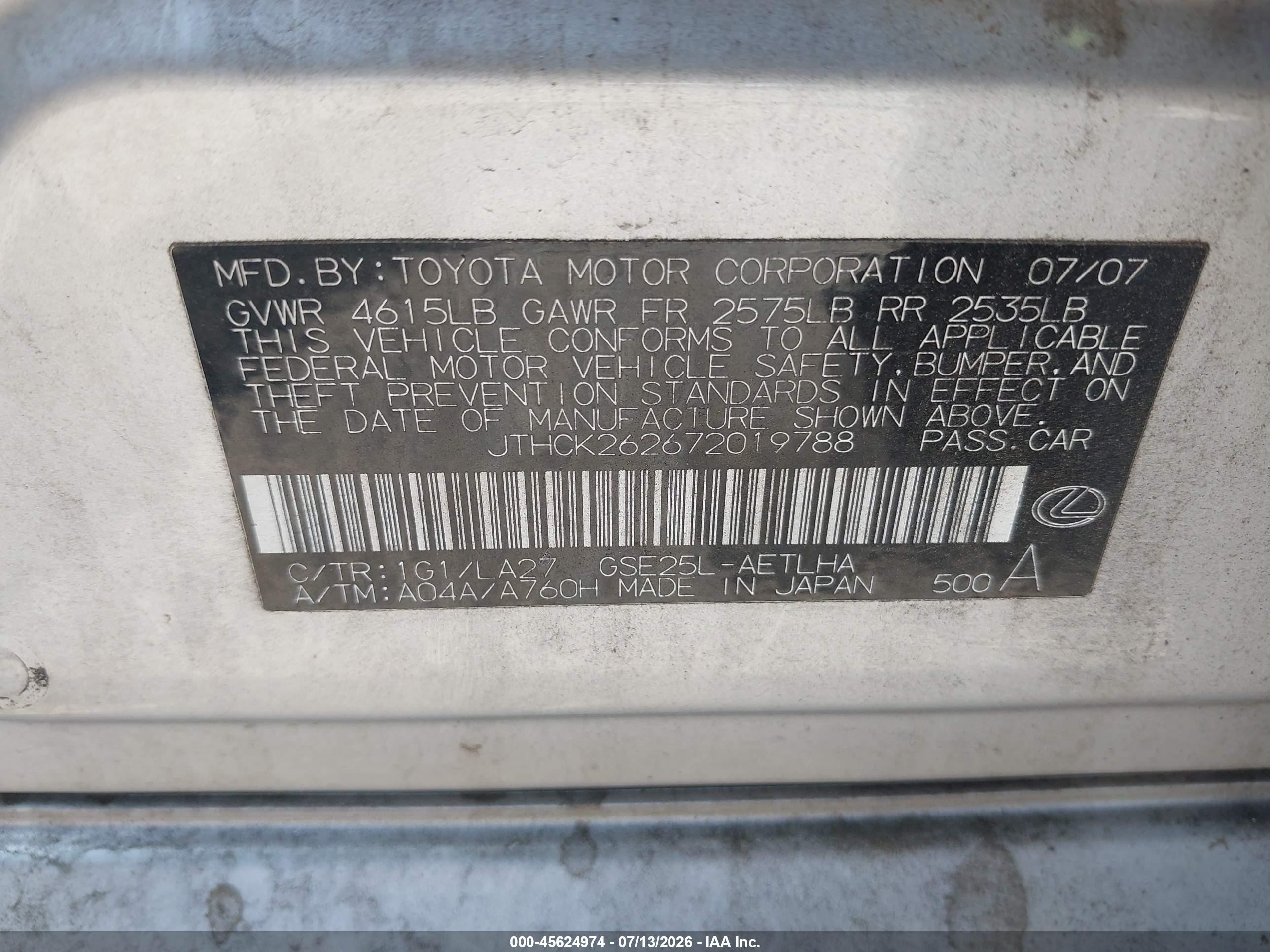 2007 Lexus Is 250   Silver vin: JTHCK262672019788