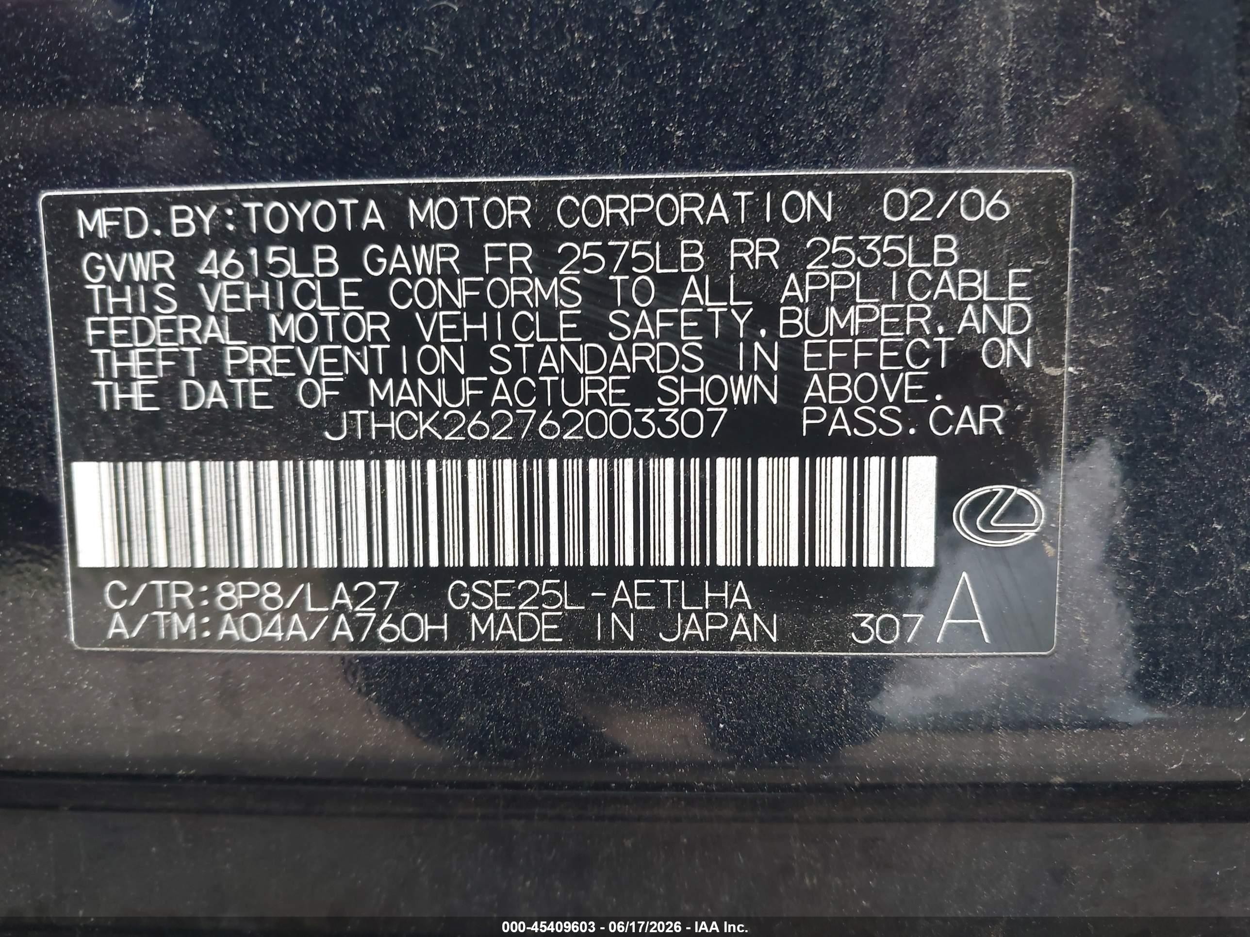 2006 Lexus Is 250   Dark Blue vin: JTHCK262762003307
