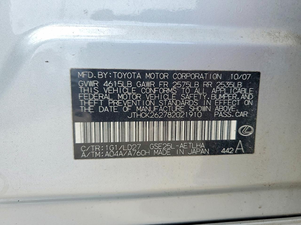 2008 Lexus Is 250 Silver vin: JTHCK262782021910