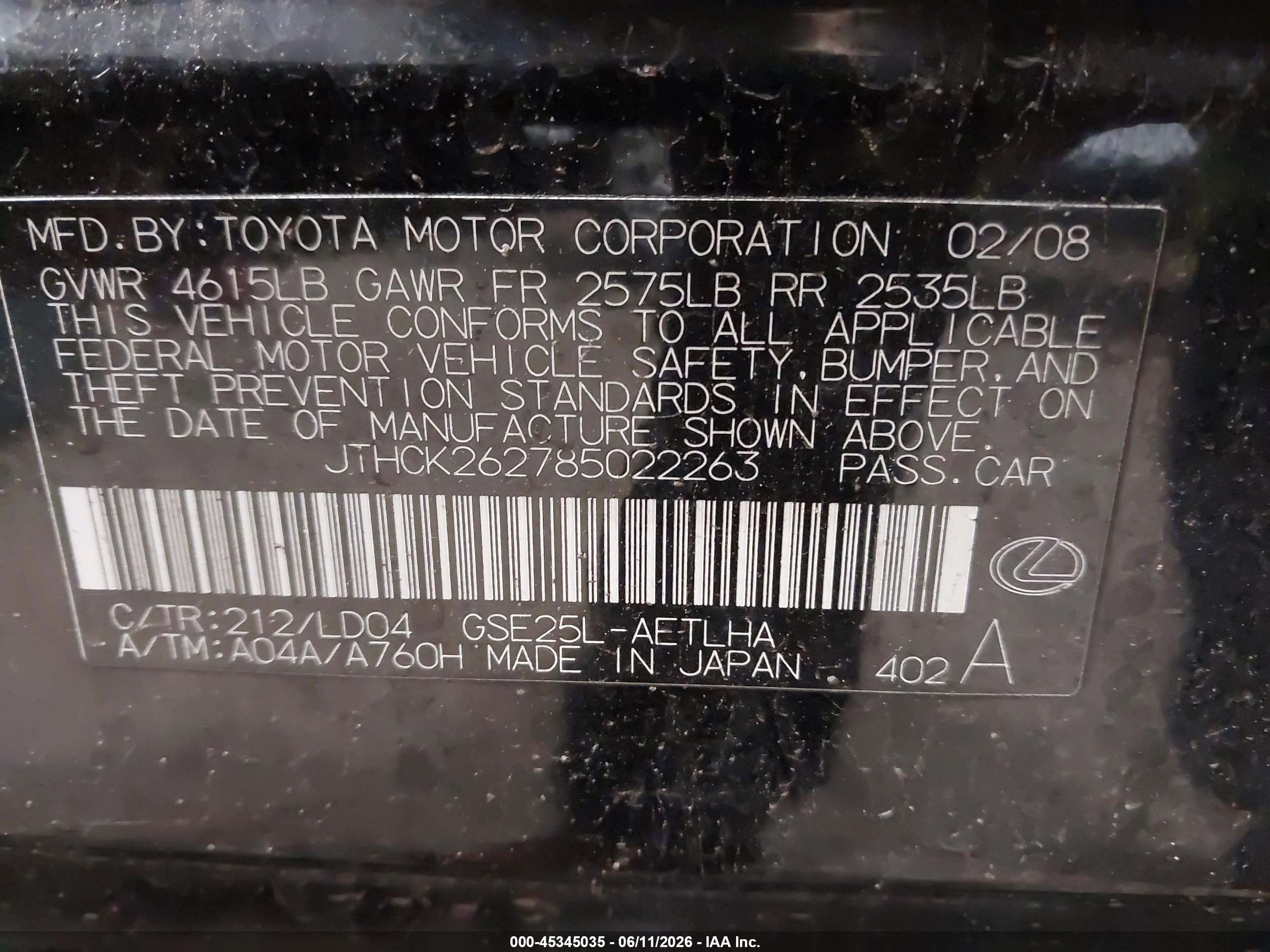 2008 Lexus Is 250   Black vin: JTHCK262785022263