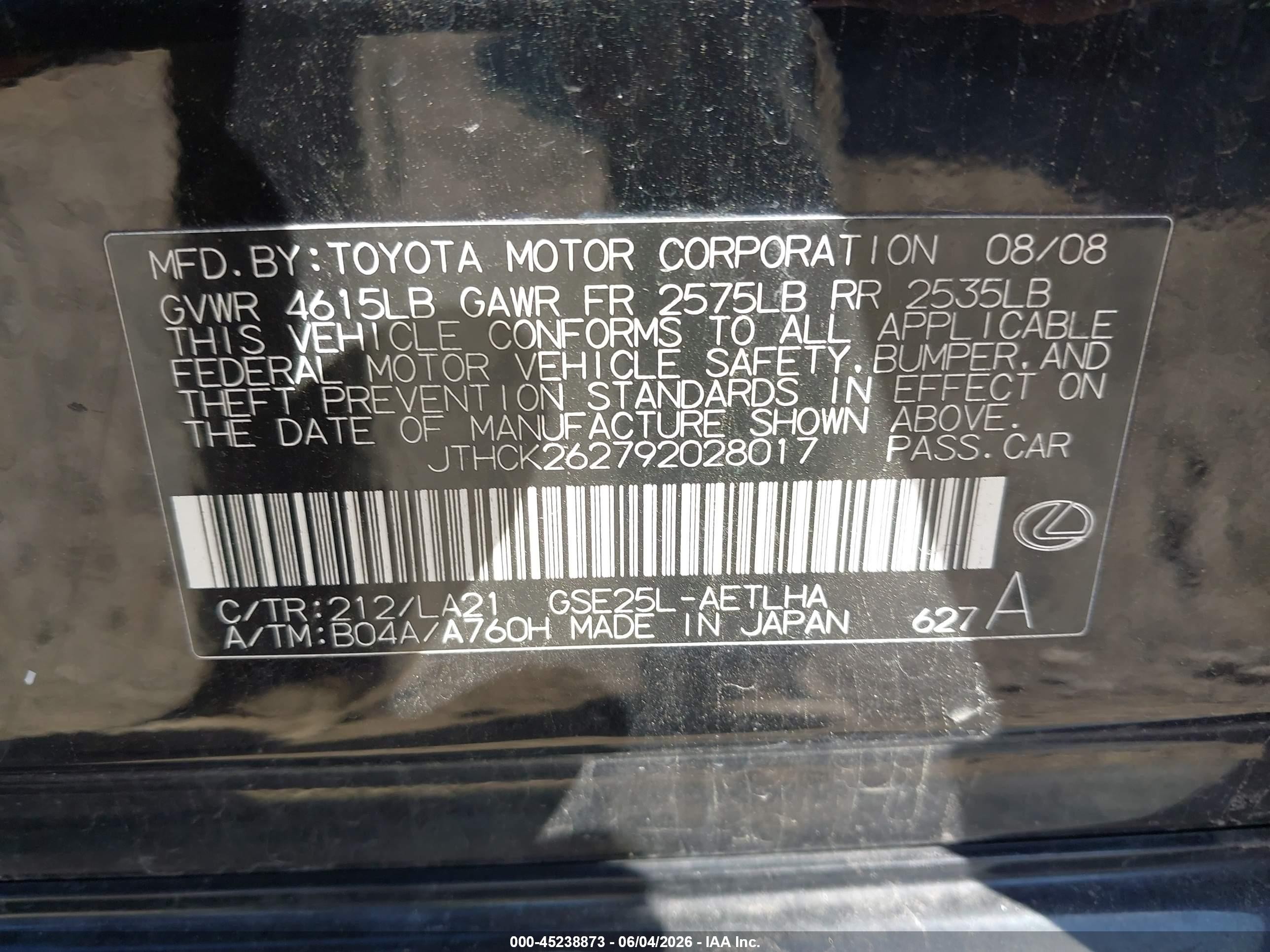2009 Lexus Is 250   Black vin: JTHCK262792028017