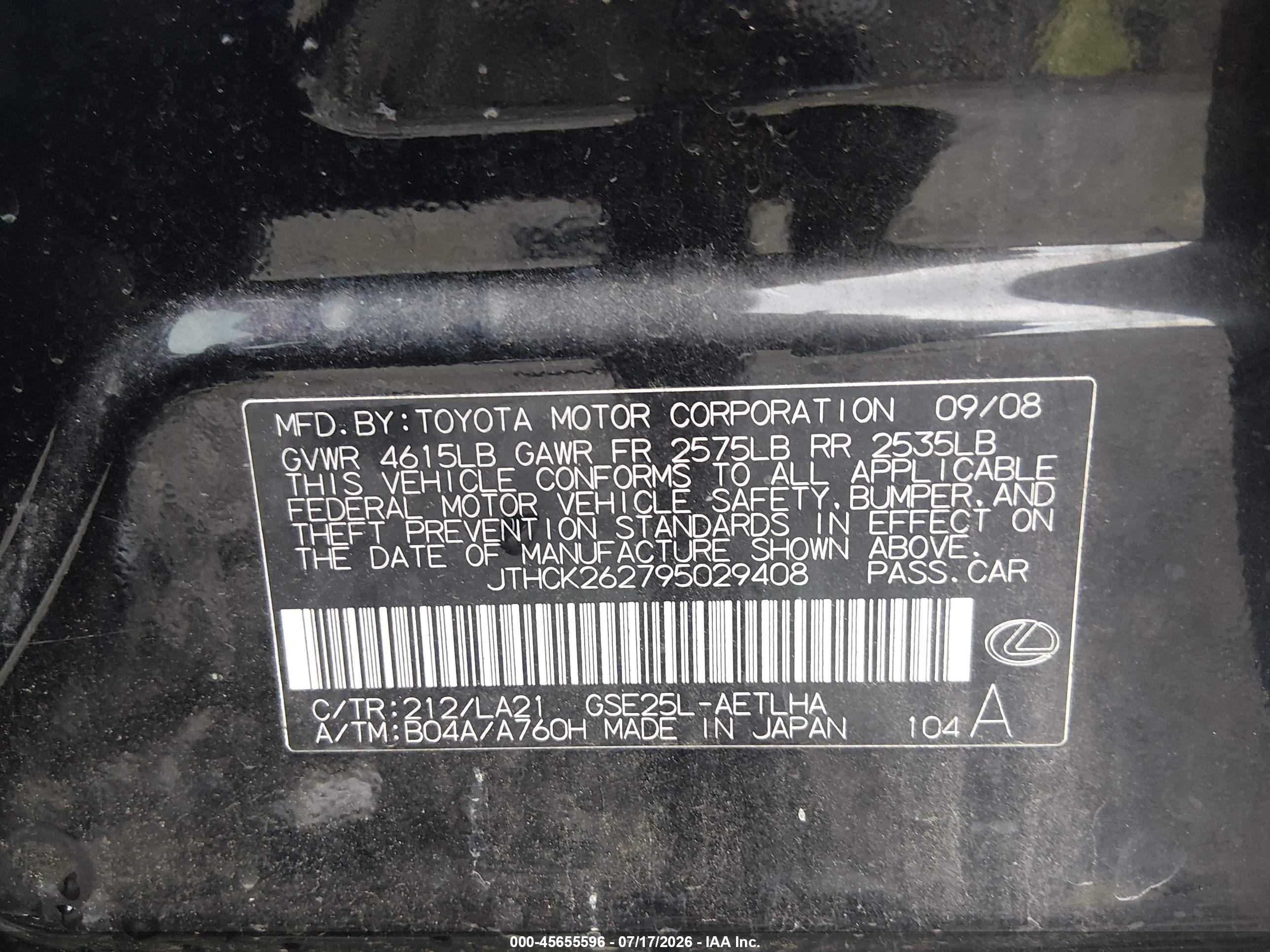 2009 Lexus Is 250   Черный vin: JTHCK262795029408