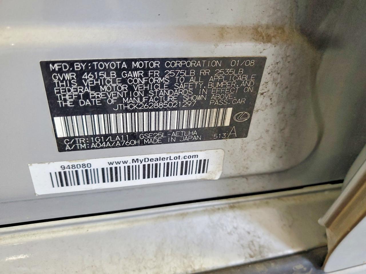 2008 Lexus Is 250 Silver vin: JTHCK262885021297