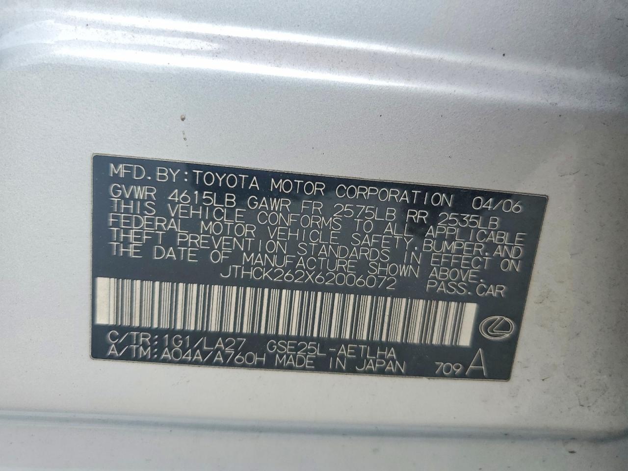 2006 Lexus Is 250 Silver vin: JTHCK262X62006072