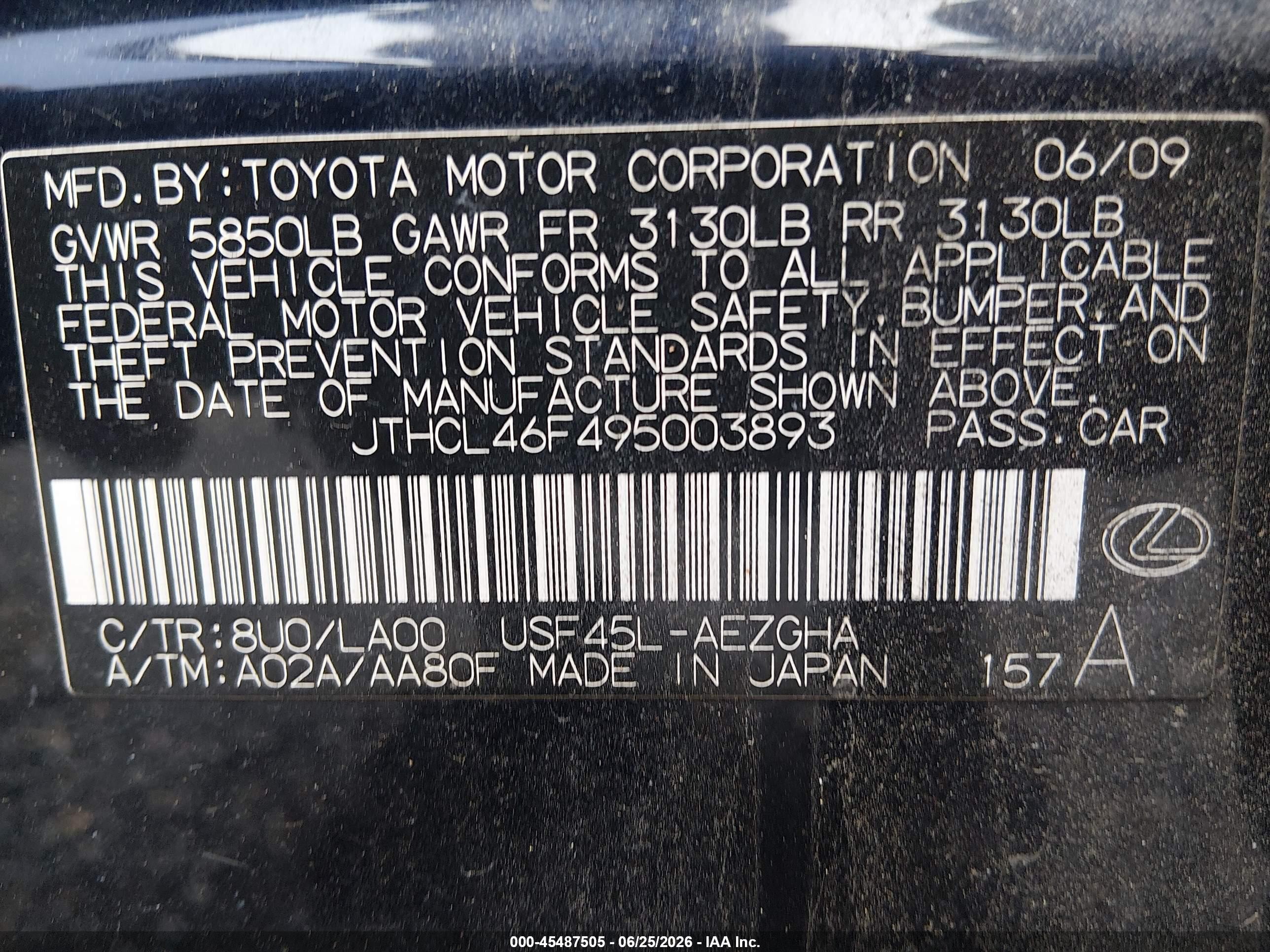 2009 Lexus Ls 460   Black vin: JTHCL46F495003893