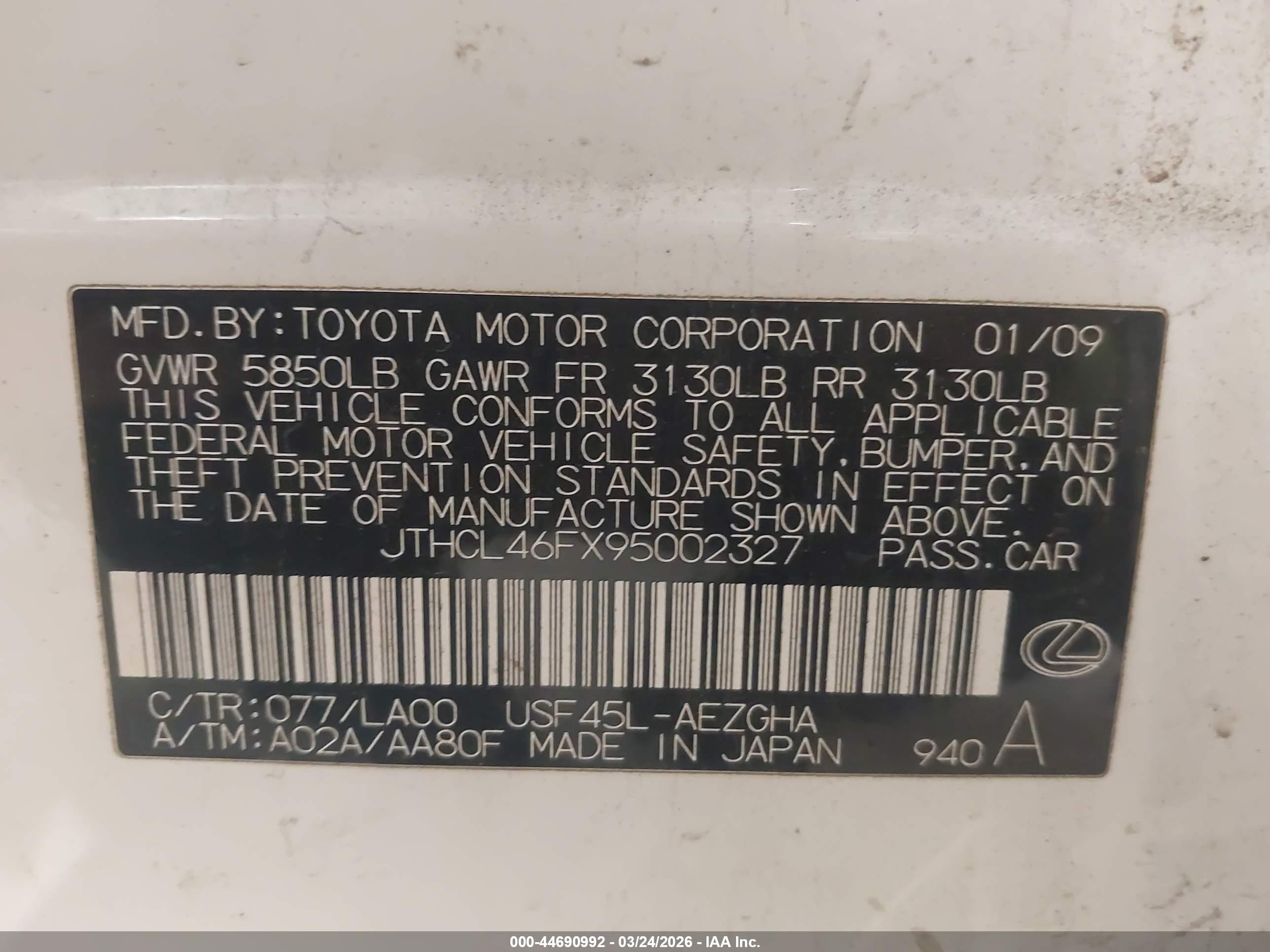 2009 Lexus Ls 460   White vin: JTHCL46FX95002327