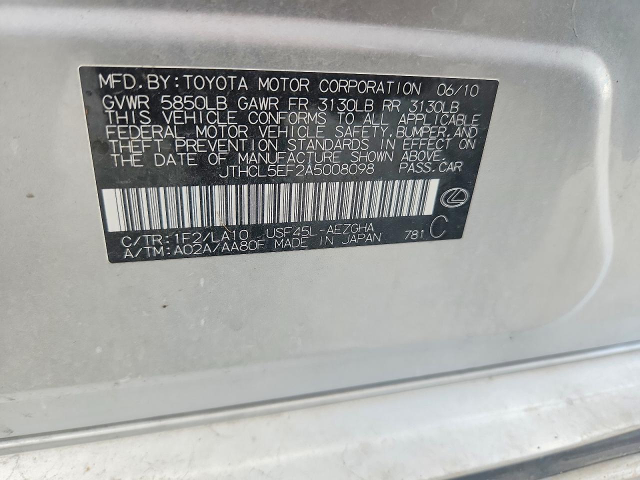 2010 Lexus Ls 460 Silver vin: JTHCL5EF2A5008098