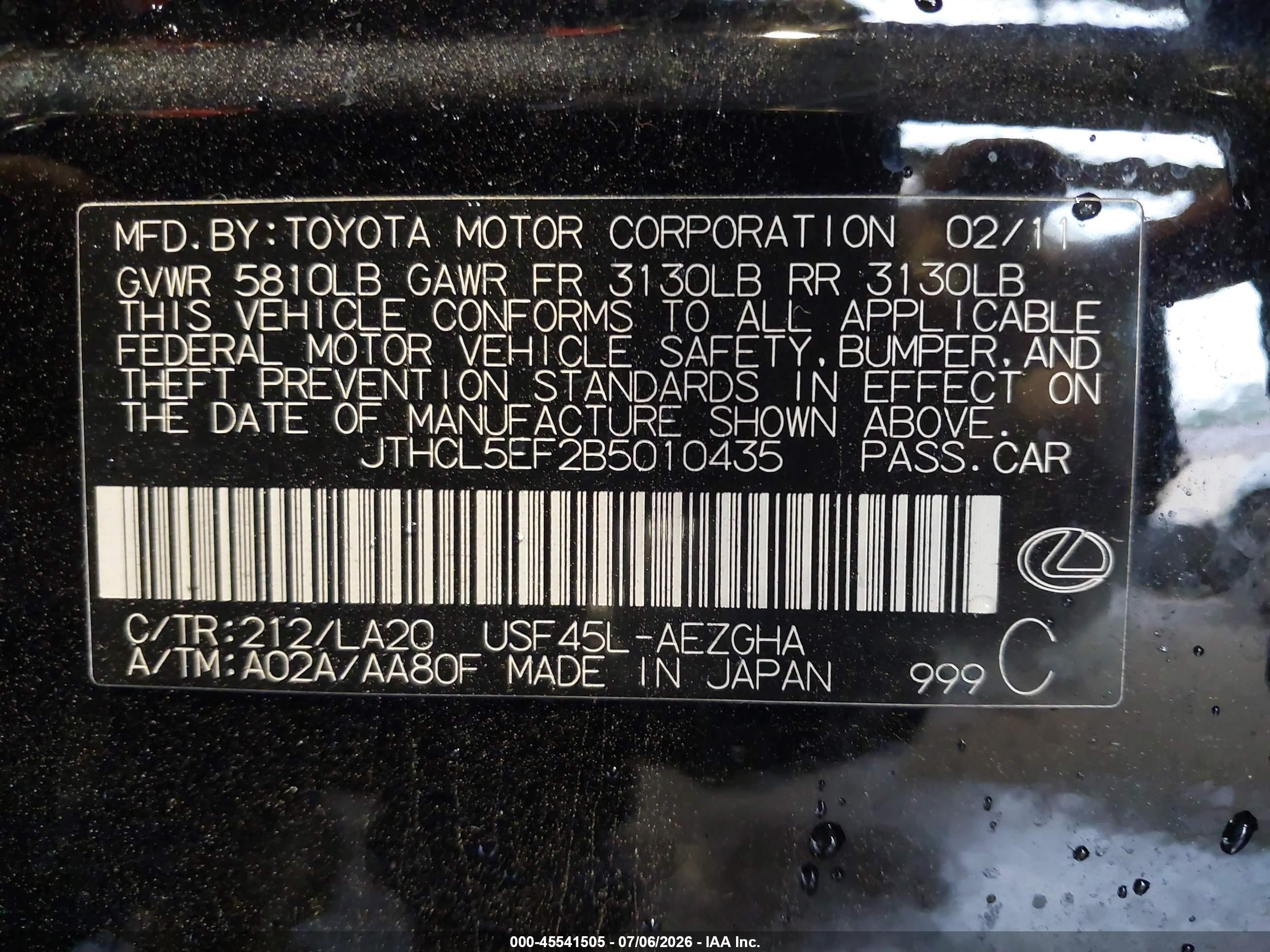 2011 Lexus Ls 460   Black vin: JTHCL5EF2B5010435