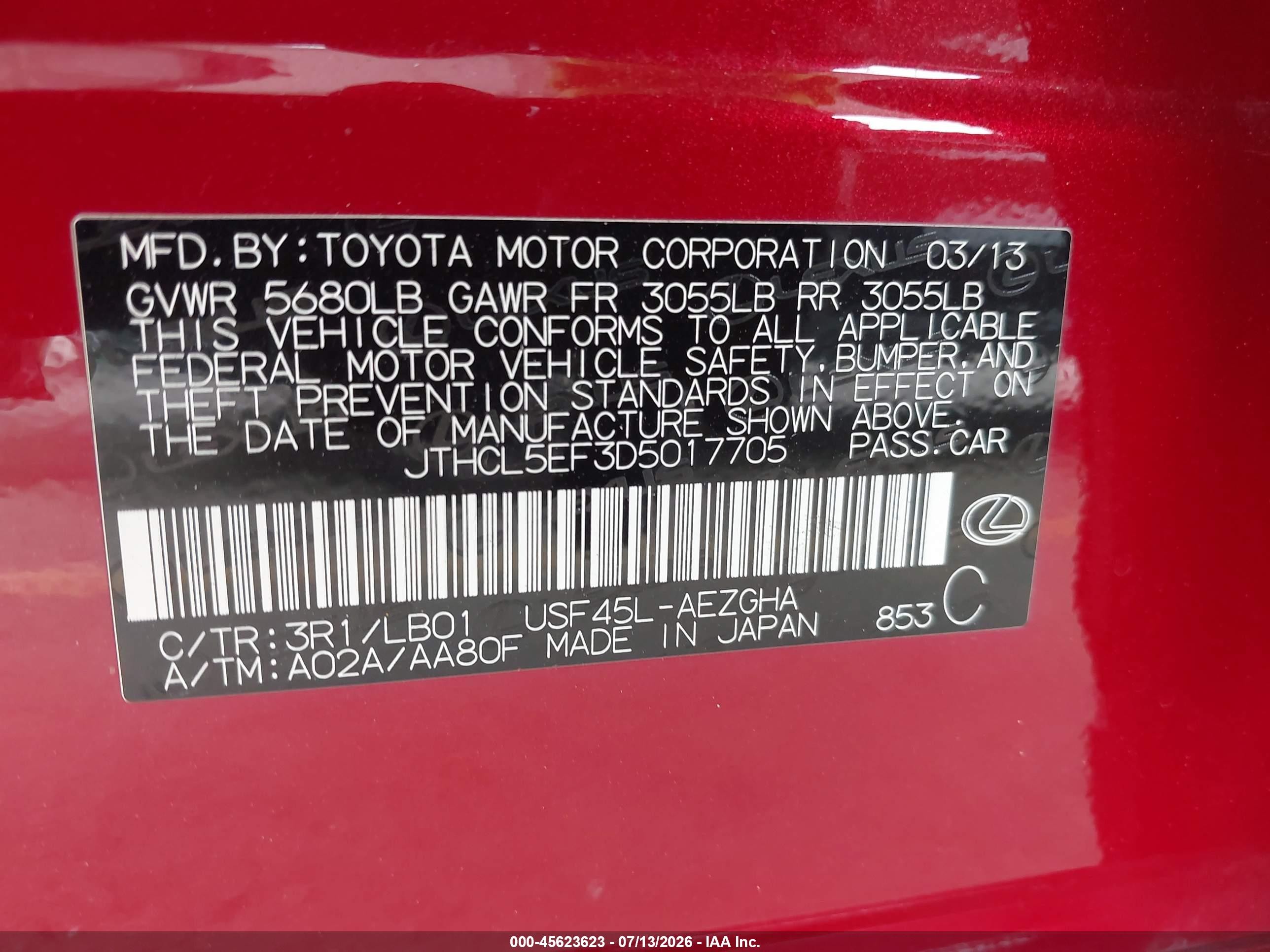 2013 Lexus Ls 460   Red vin: JTHCL5EF3D5017705