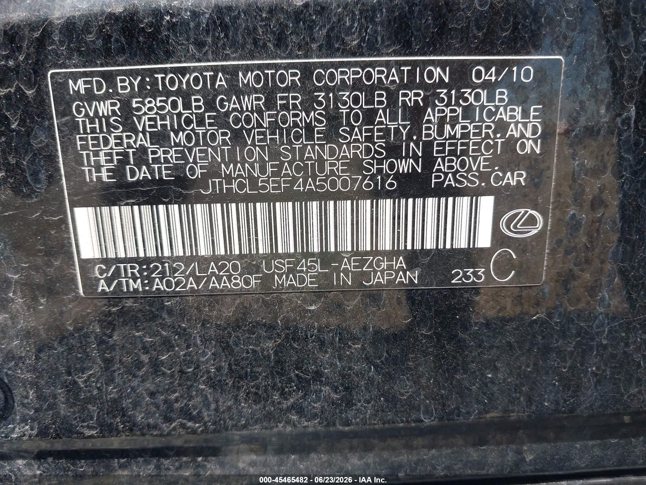 2010 Lexus Ls 460   Black vin: JTHCL5EF4A5007616