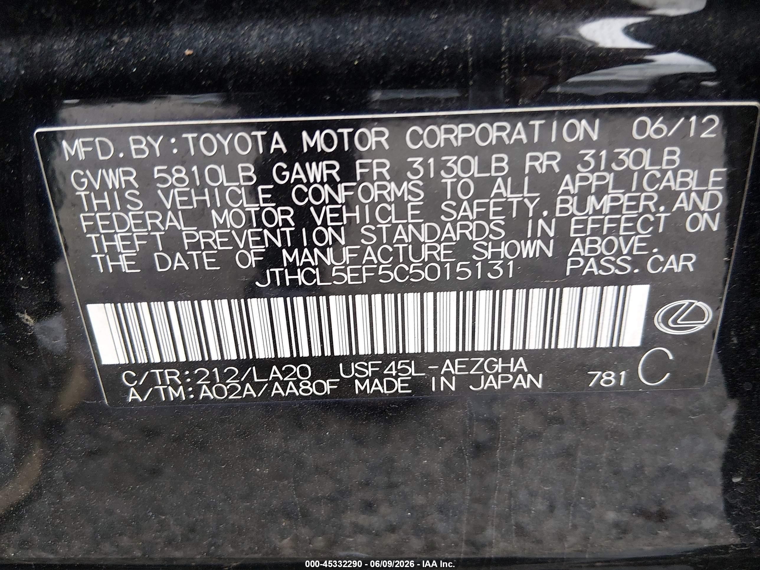 2012 Lexus Ls 460   Black vin: JTHCL5EF5C5015131