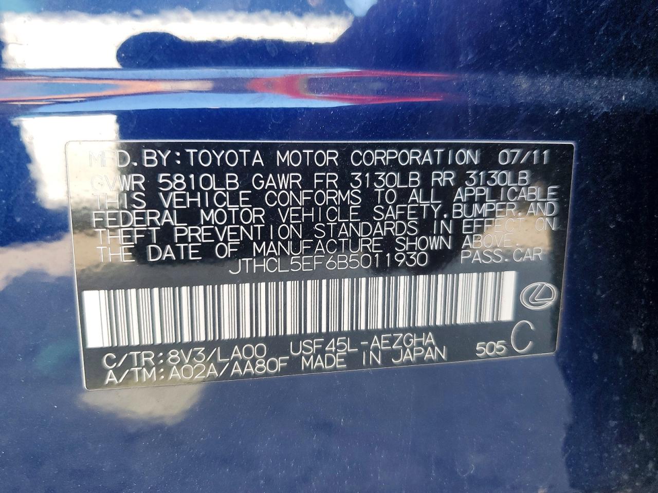 2011 Lexus Ls 460 Blue vin: JTHCL5EF6B5011930