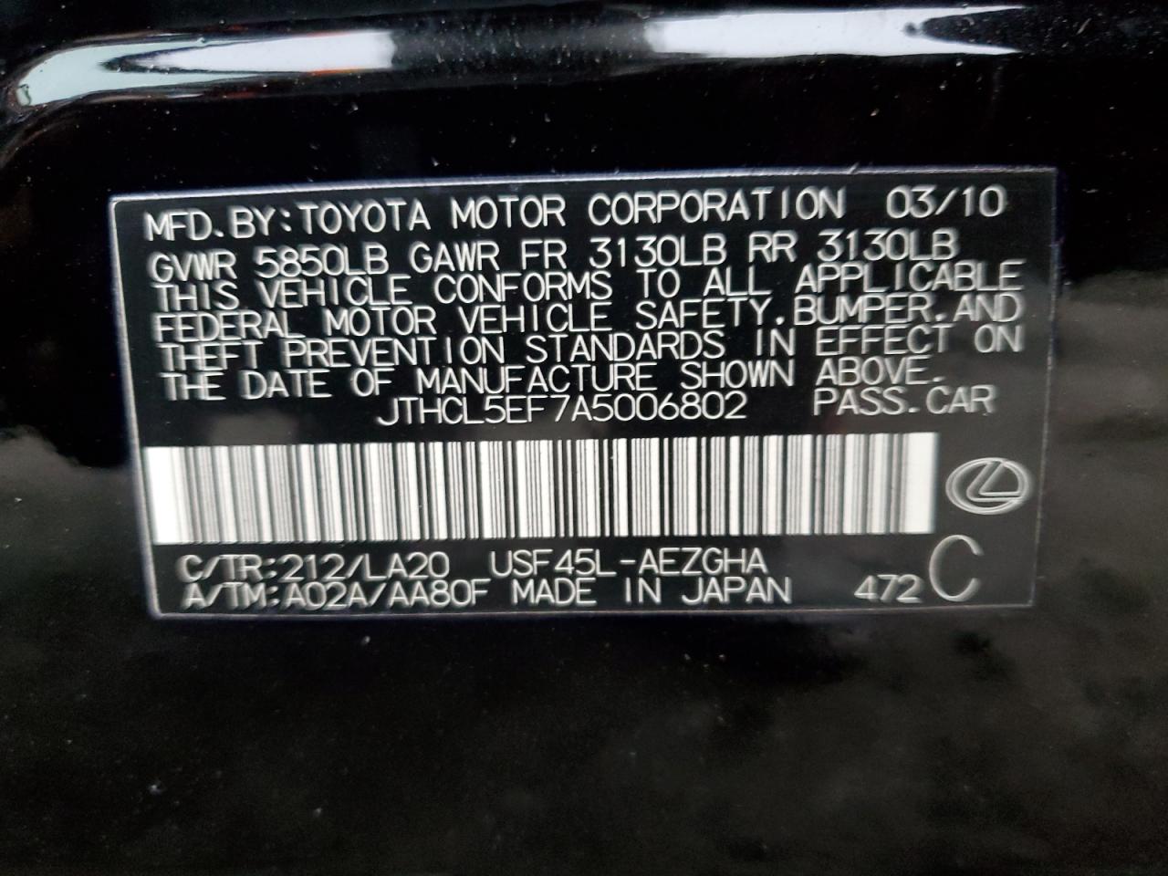 2010 Lexus Ls 460 Black vin: JTHCL5EF7A5006802