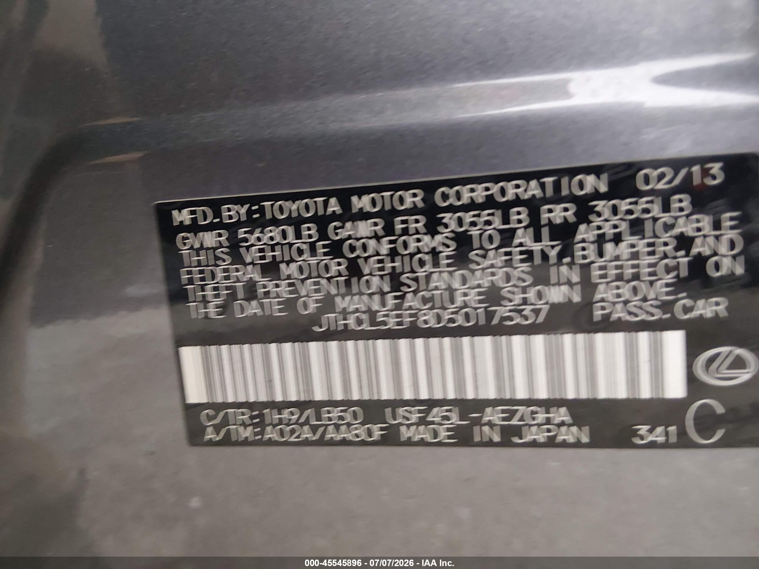 2013 Lexus Ls 460 Gray vin: JTHCL5EF8D5017537