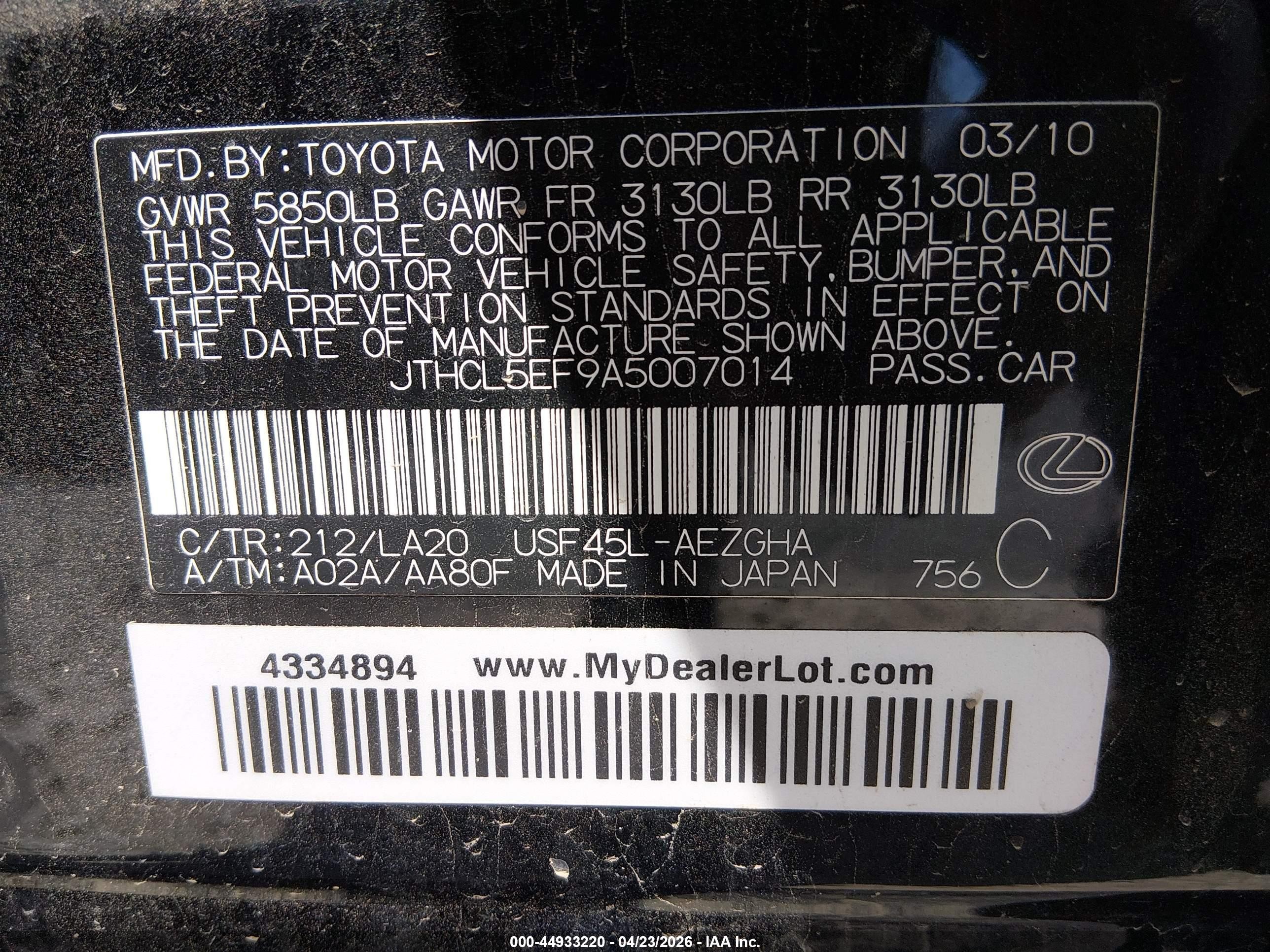 2010 Lexus Ls 460 Black vin: JTHCL5EF9A5007014