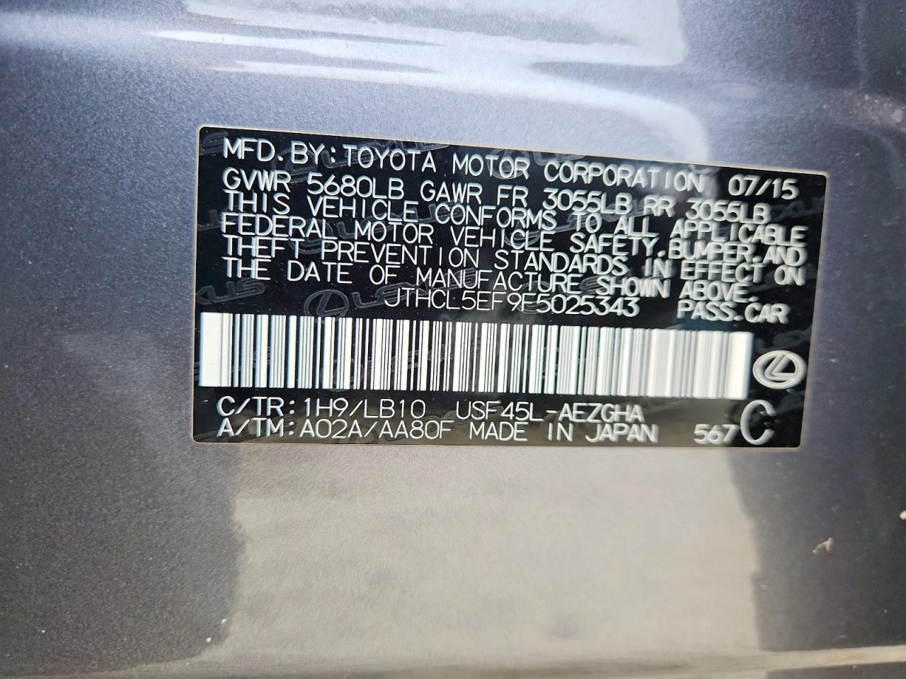 2015 Lexus Ls 460 Charcoal vin: JTHCL5EF9F5025343