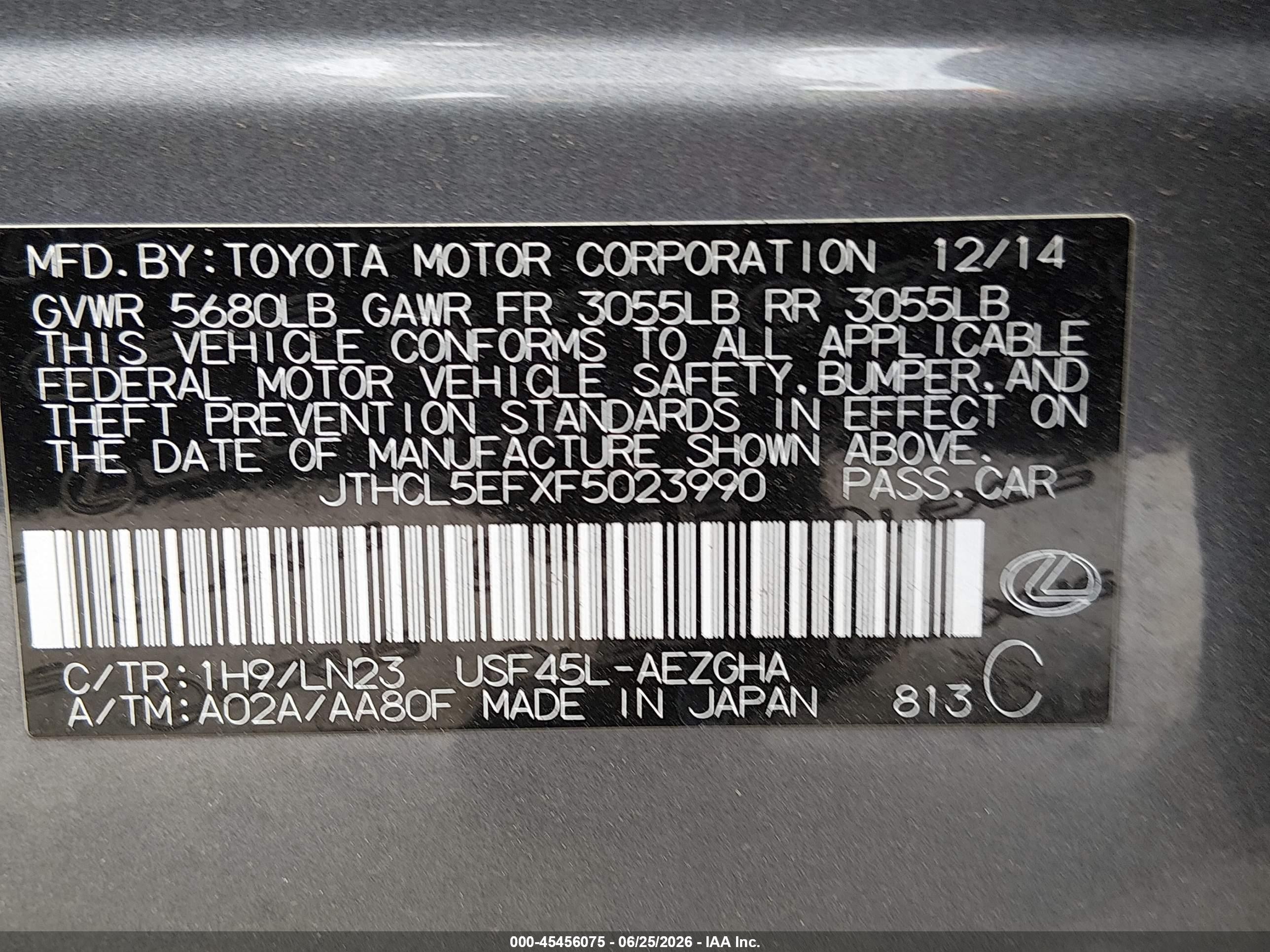 2015 Lexus Ls 460   Blue vin: JTHCL5EFXF5023990