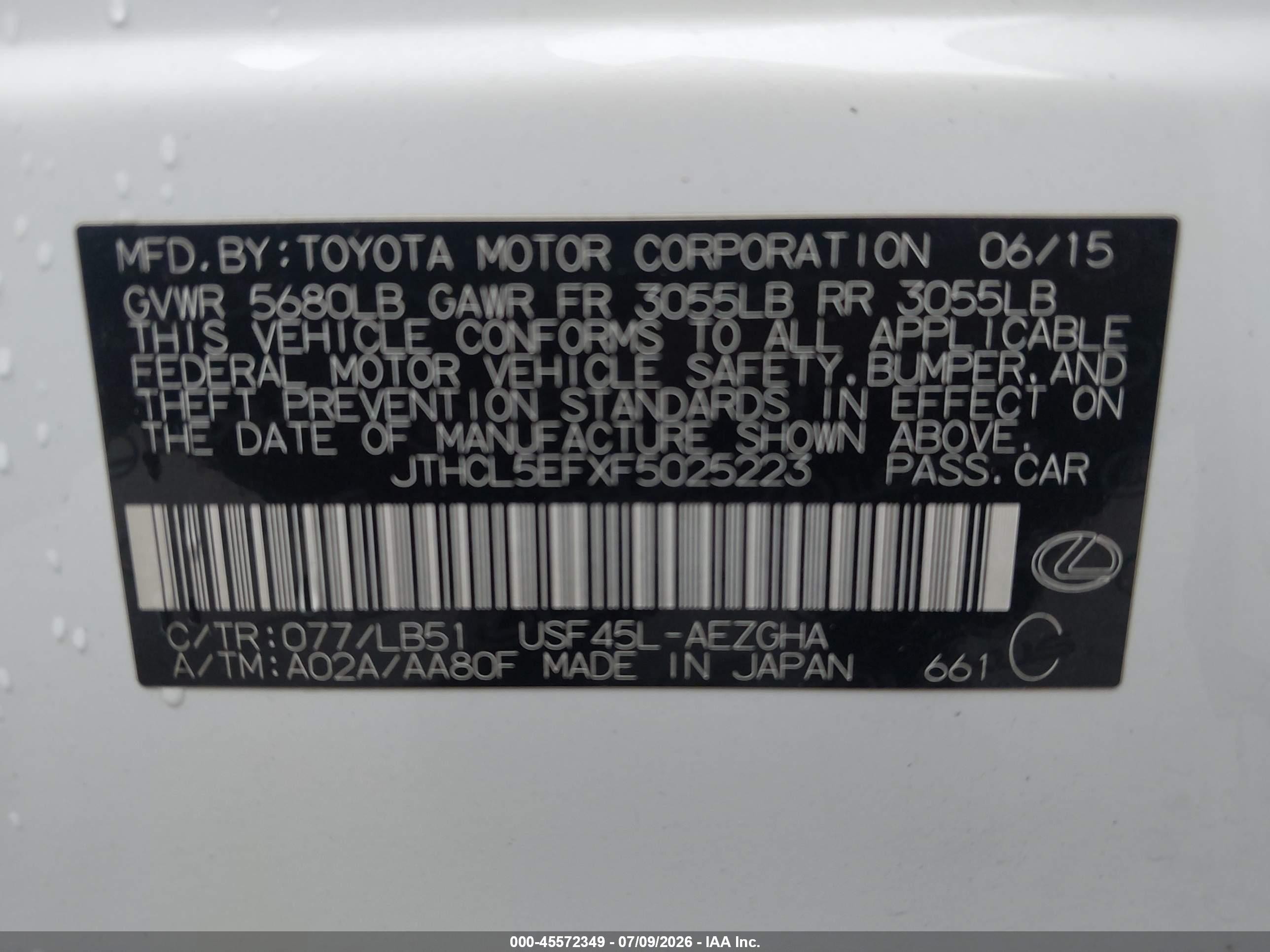 2015 Lexus Ls 460   White vin: JTHCL5EFXF5025223