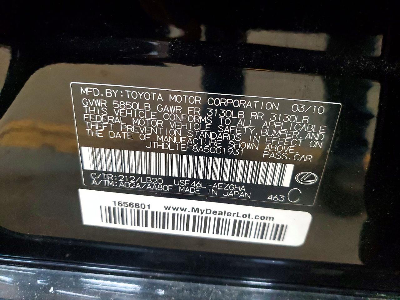 2010 Lexus Ls 460 L Black vin: JTHDL1EF8A5001931