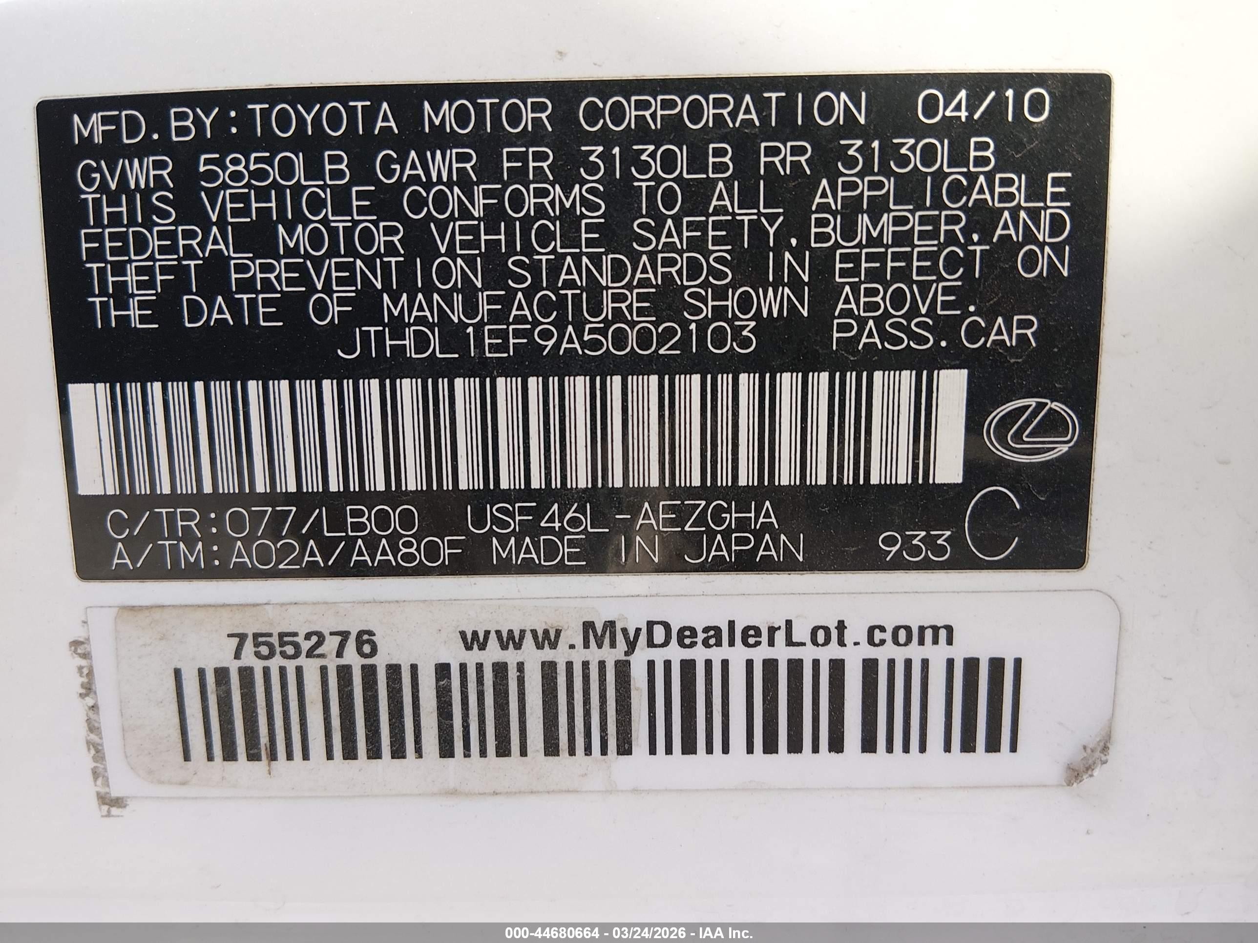 2010 Lexus Ls 460 L White vin: JTHDL1EF9A5002103