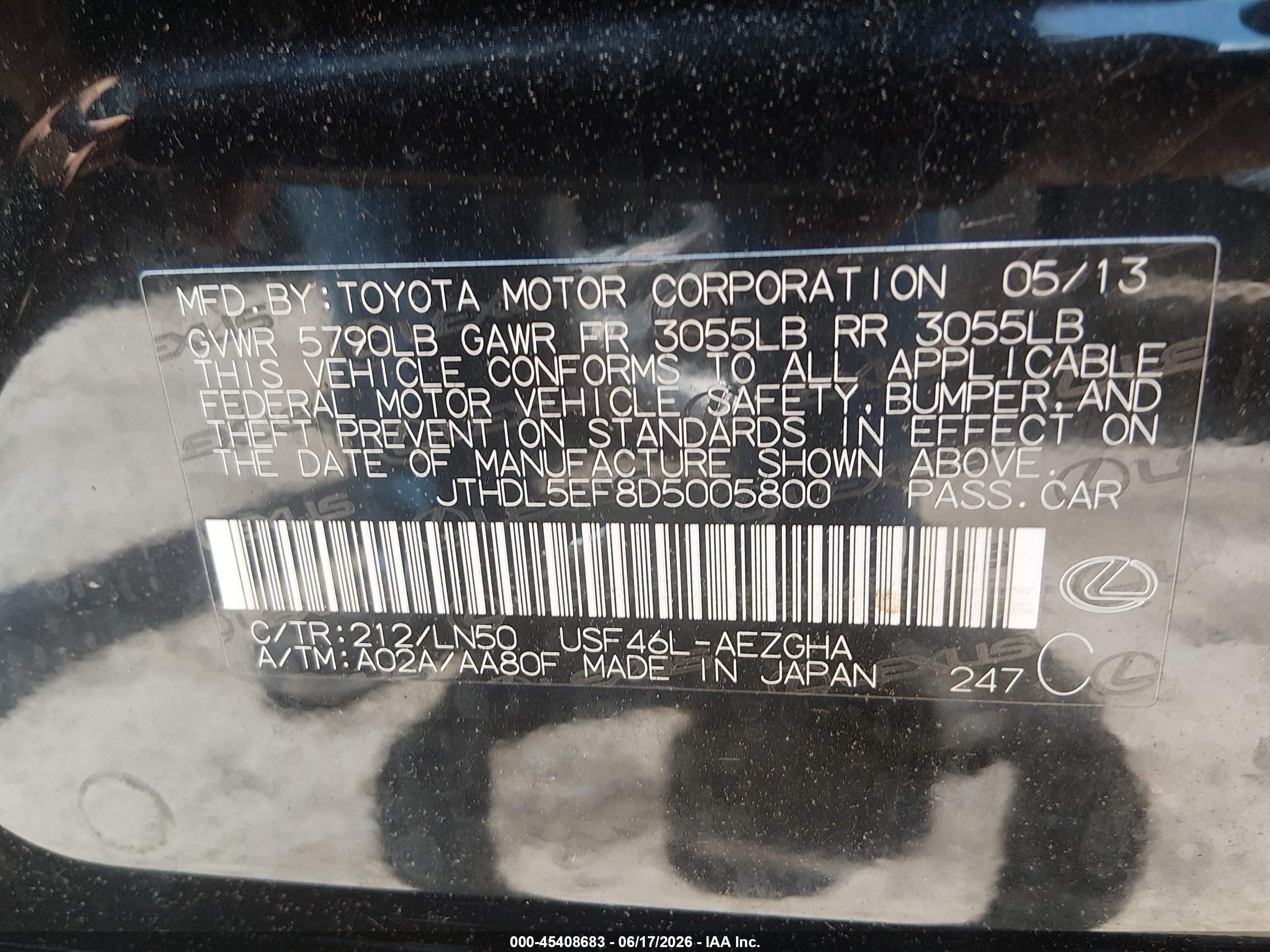 2013 Lexus Ls 460 L Black vin: JTHDL5EF8D5005800