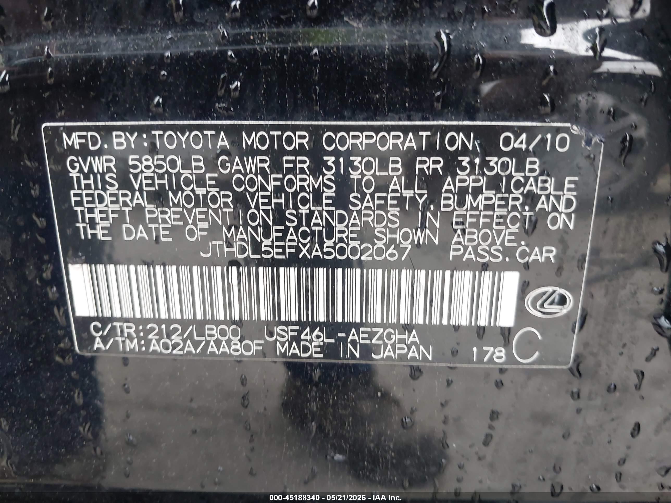 2010 Lexus Ls 460 L Black vin: JTHDL5EFXA5002067