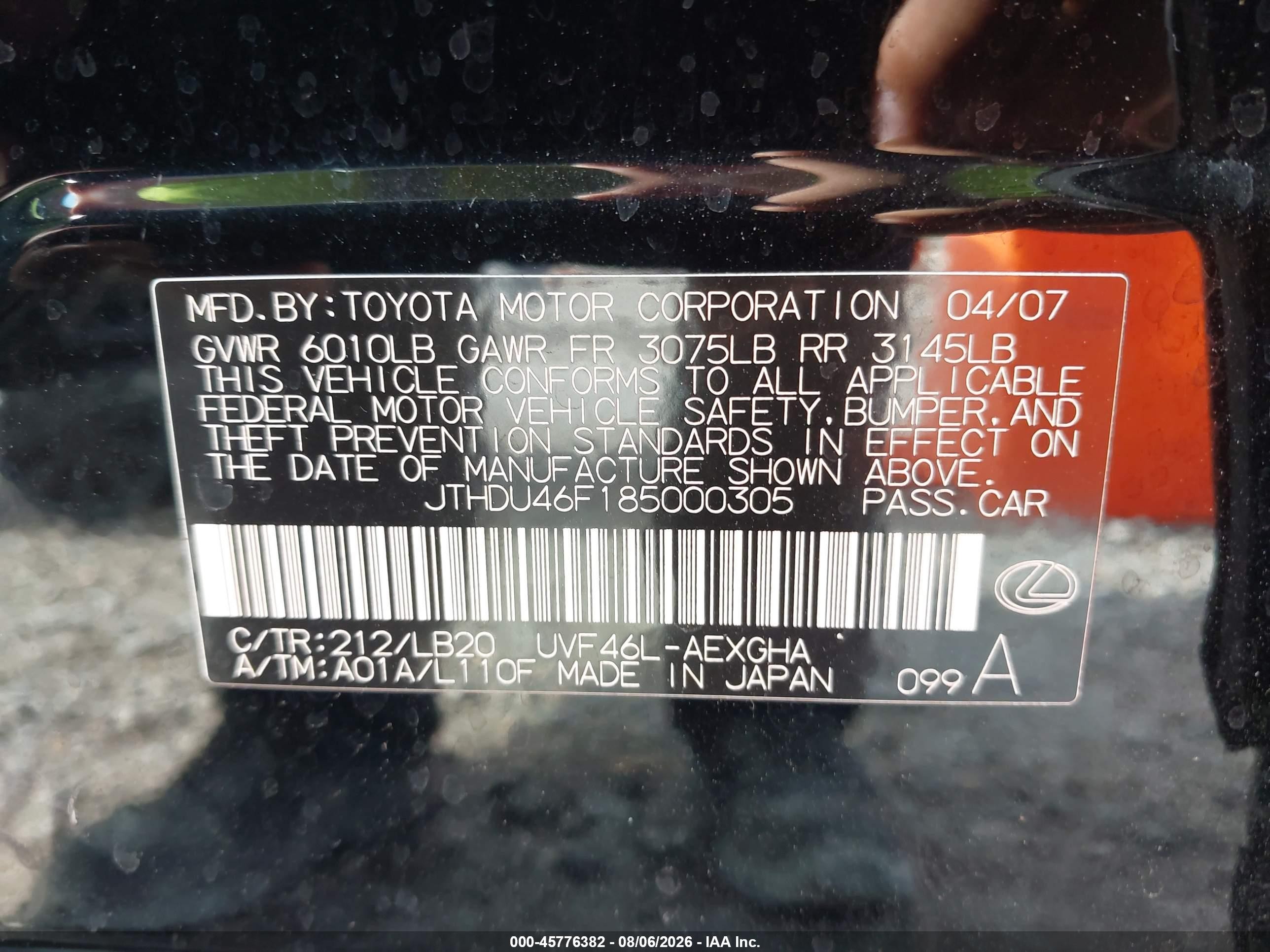 2008 Lexus Ls 600h Black vin: JTHDU46F185000305