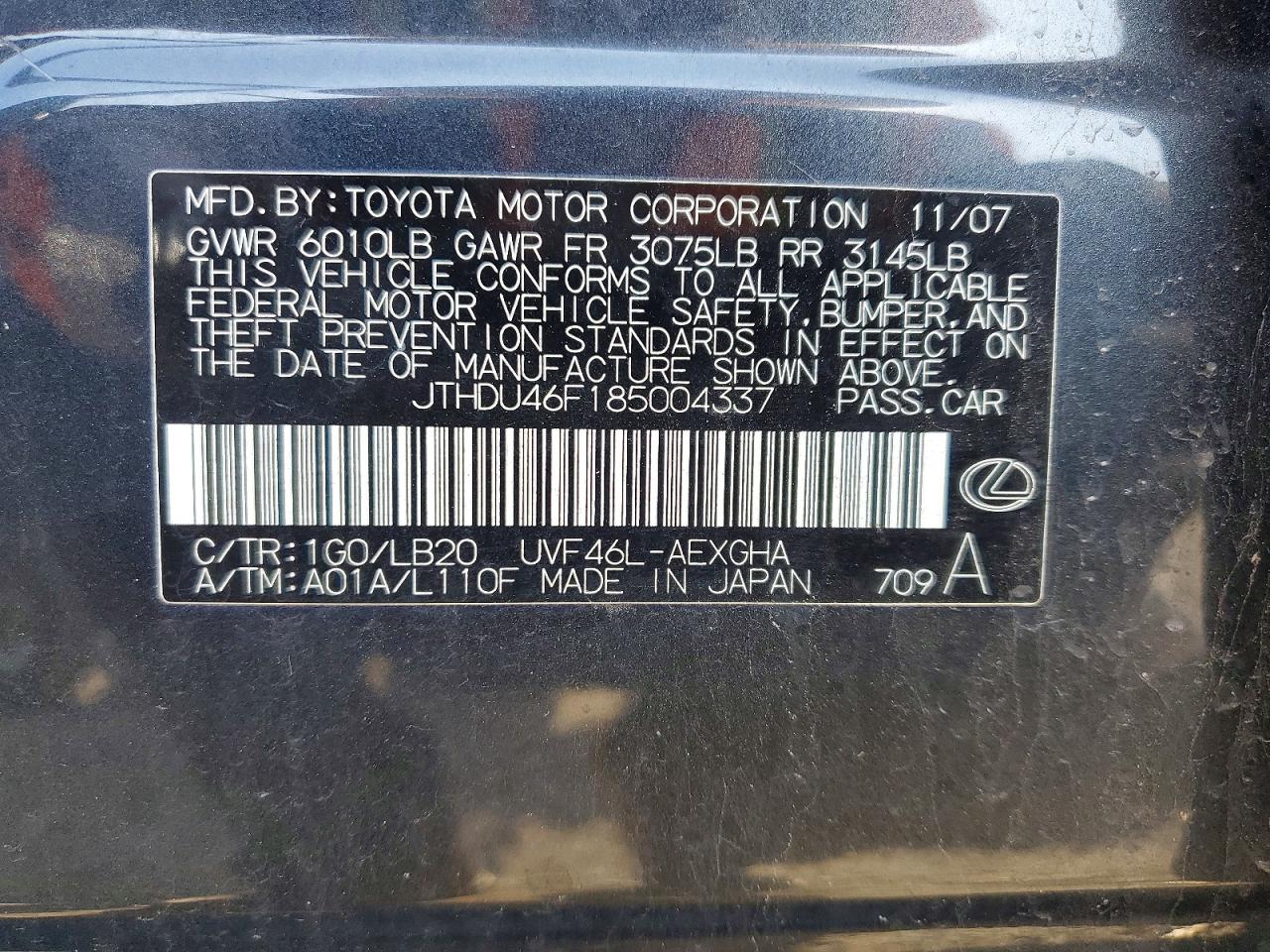 2008 Lexus Ls 600hl Charcoal vin: JTHDU46F185004337