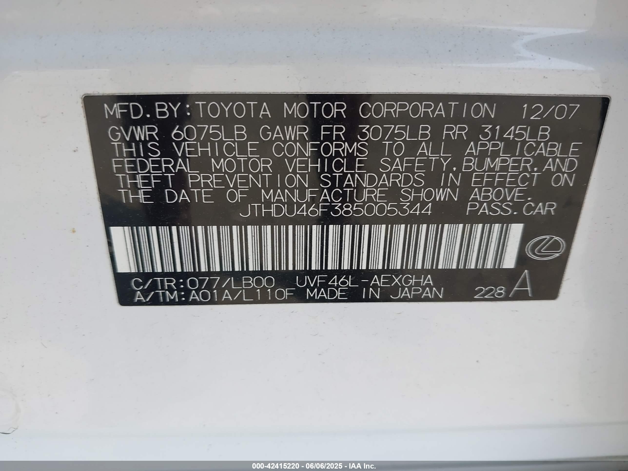 2008 Lexus Ls 600h   White vin: JTHDU46F385005344