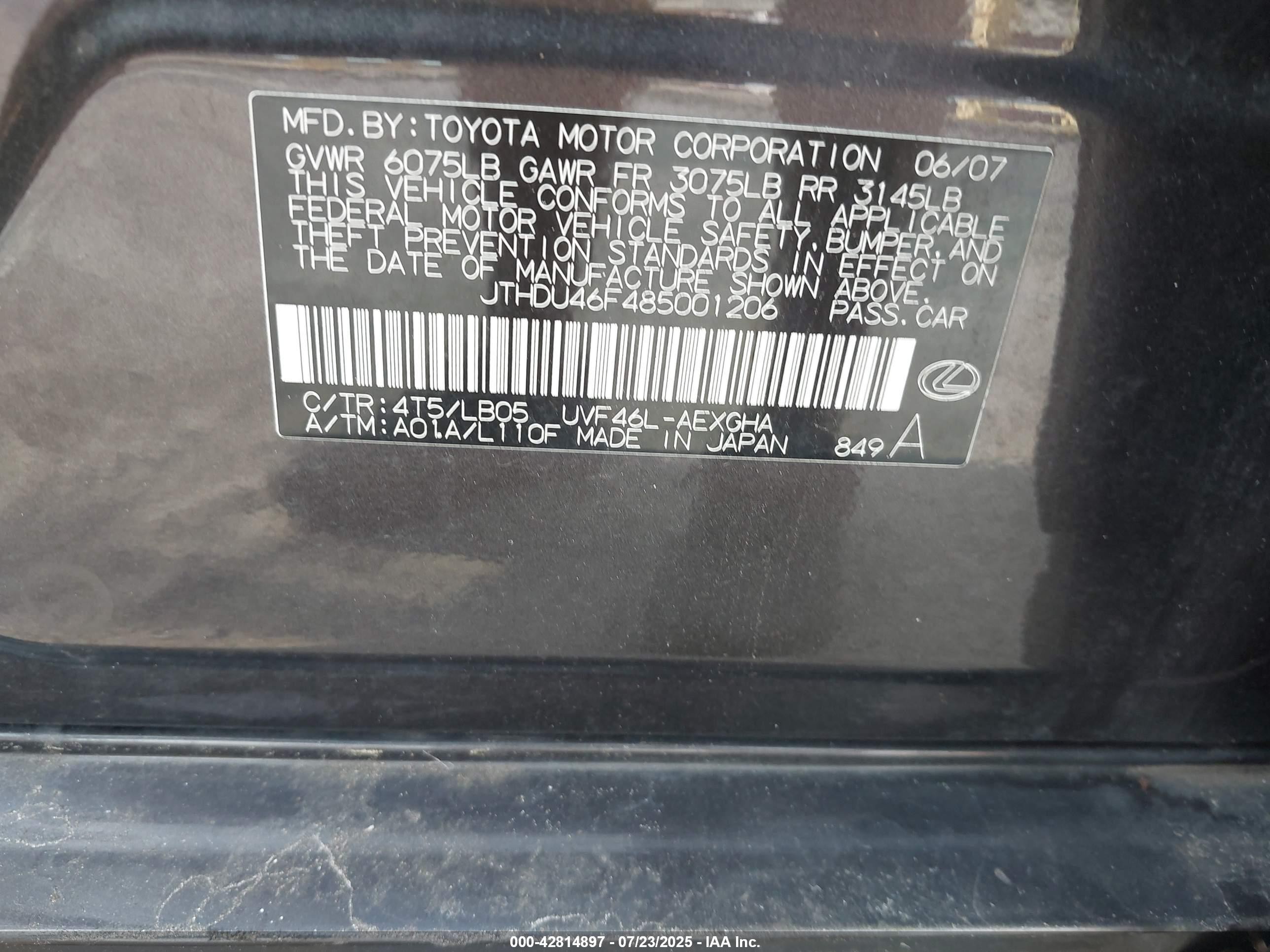2008 Lexus Ls 600h   Gray vin: JTHDU46F485001206