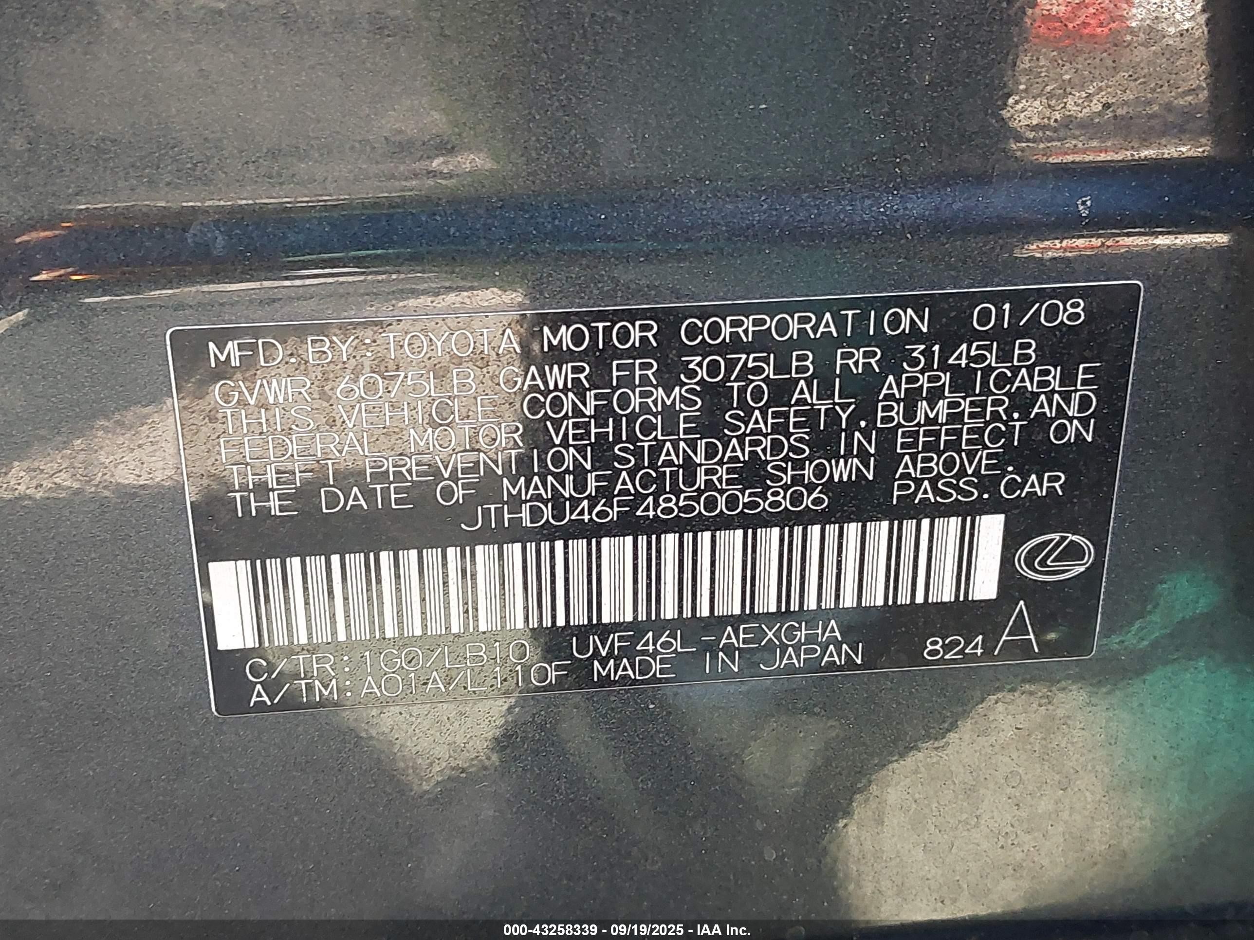 2008 Lexus Ls 600h   Gray vin: JTHDU46F485005806