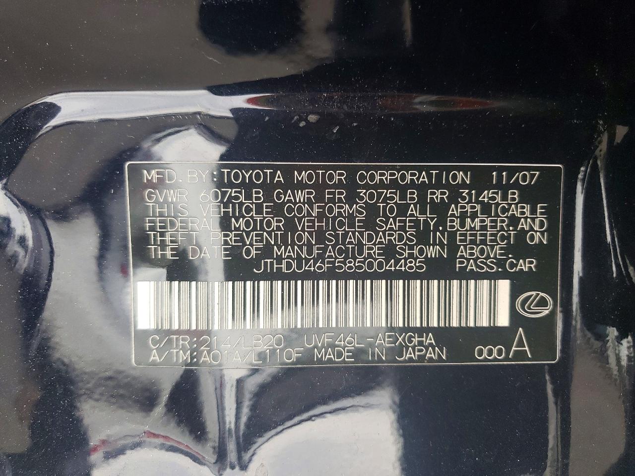 2008 Lexus Ls 600hl Black vin: JTHDU46F585004485