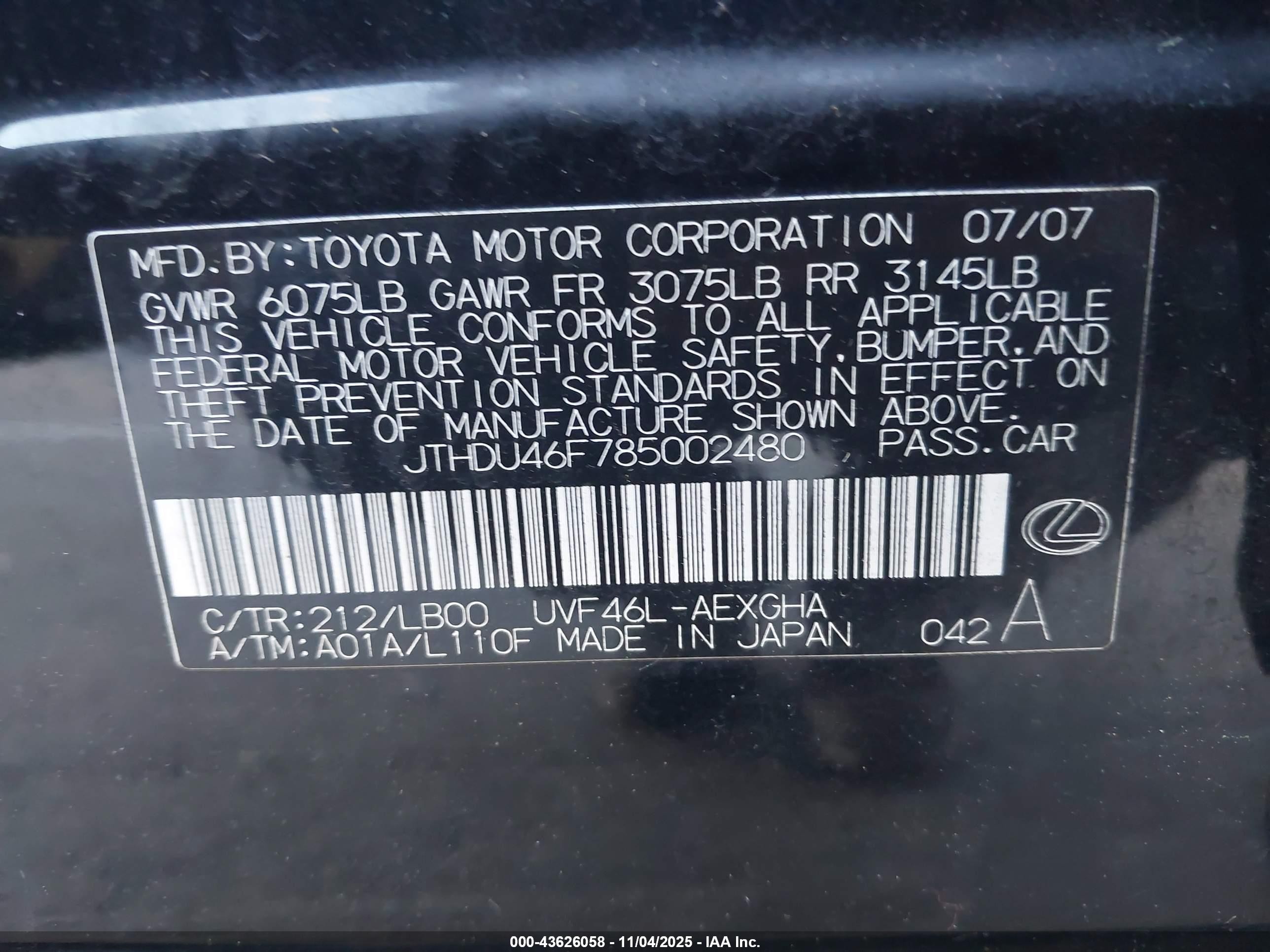 2008 Lexus Ls 600h   Black vin: JTHDU46F785002480