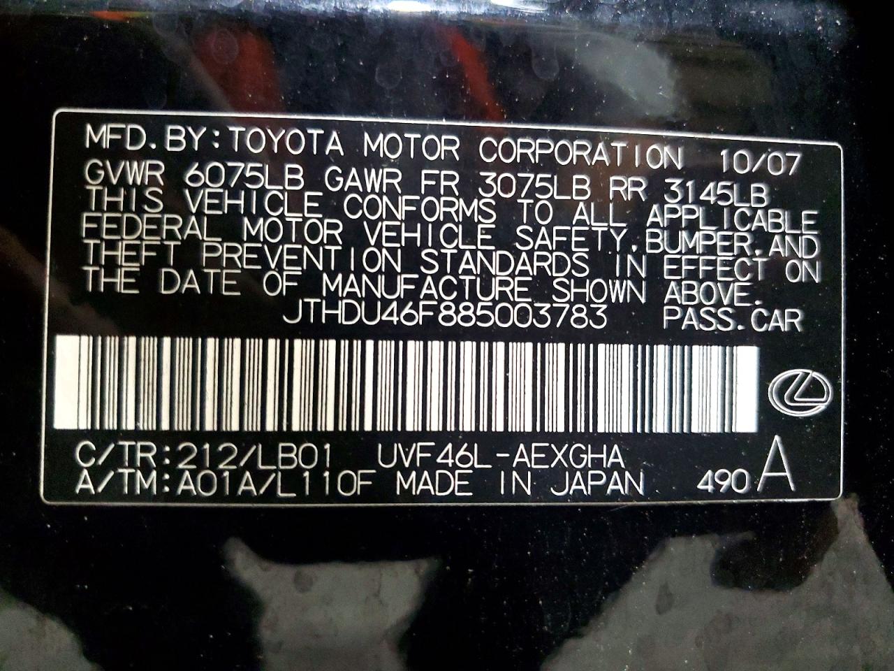 2008 Lexus Ls 600hl Black vin: JTHDU46F885003783