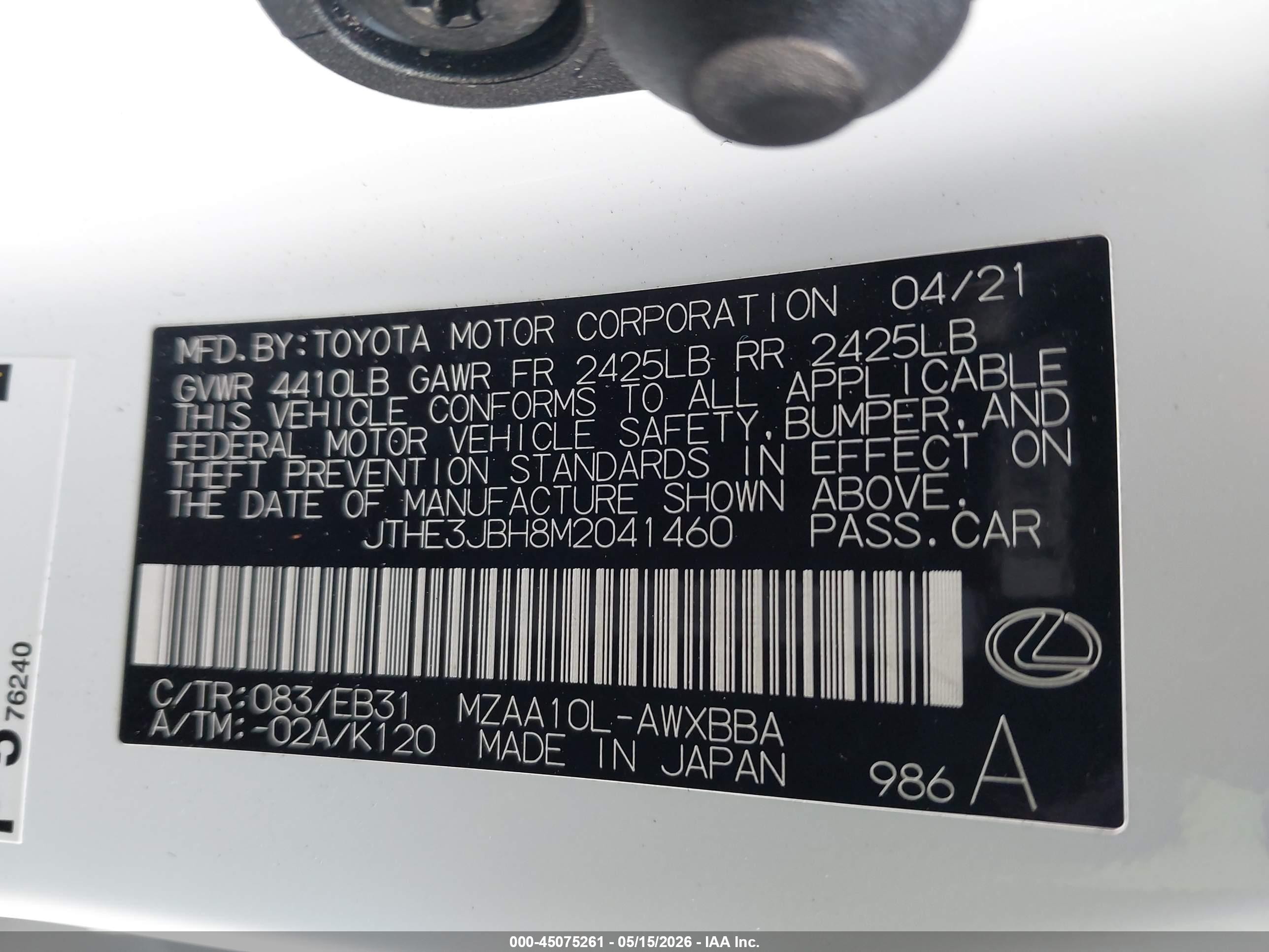 2021 Lexus Ux 200 F Sport White vin: JTHE3JBH8M2041460