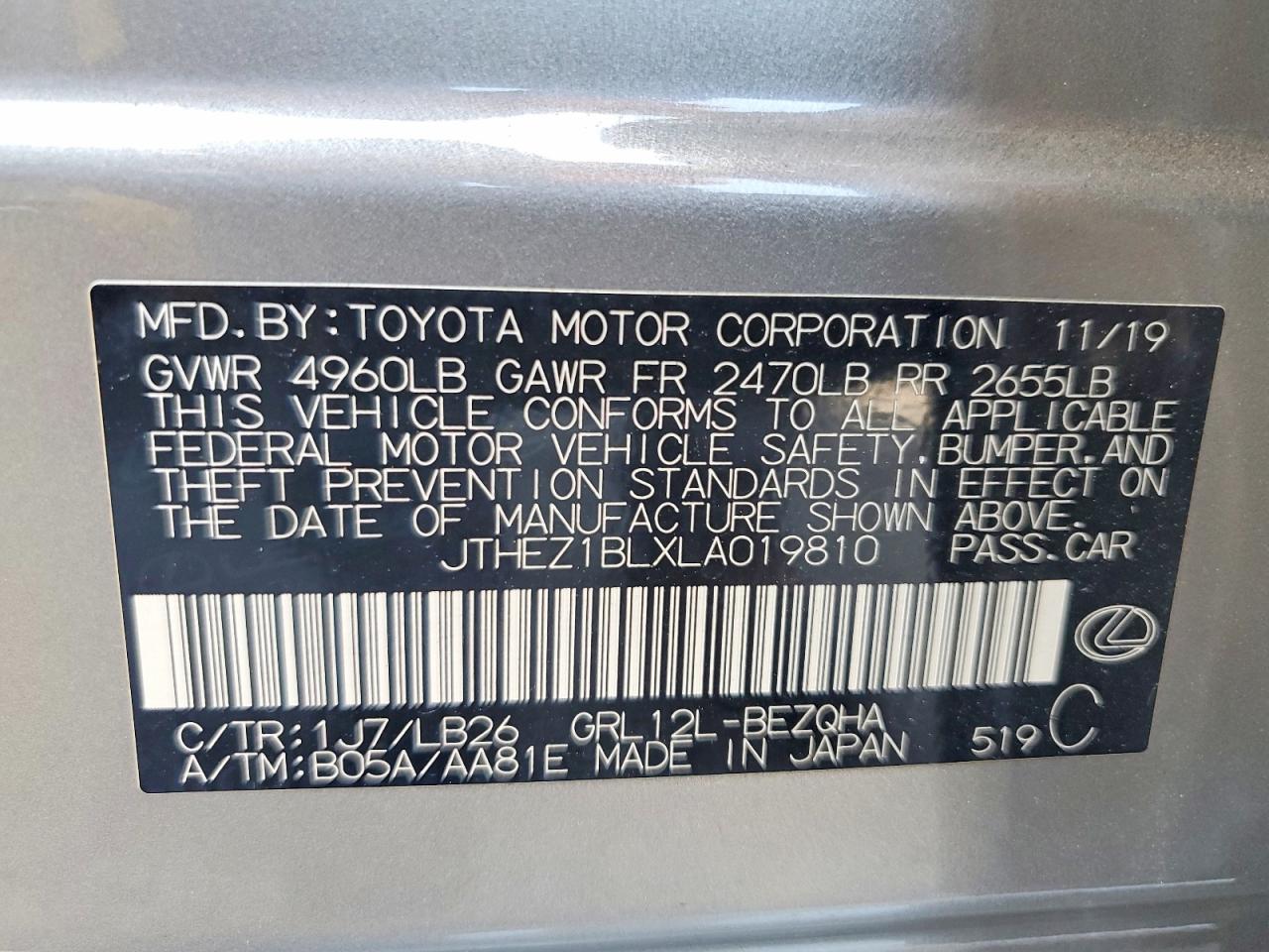 2020 Lexus Gs 350 F Sport Gray vin: JTHEZ1BLXLA019810