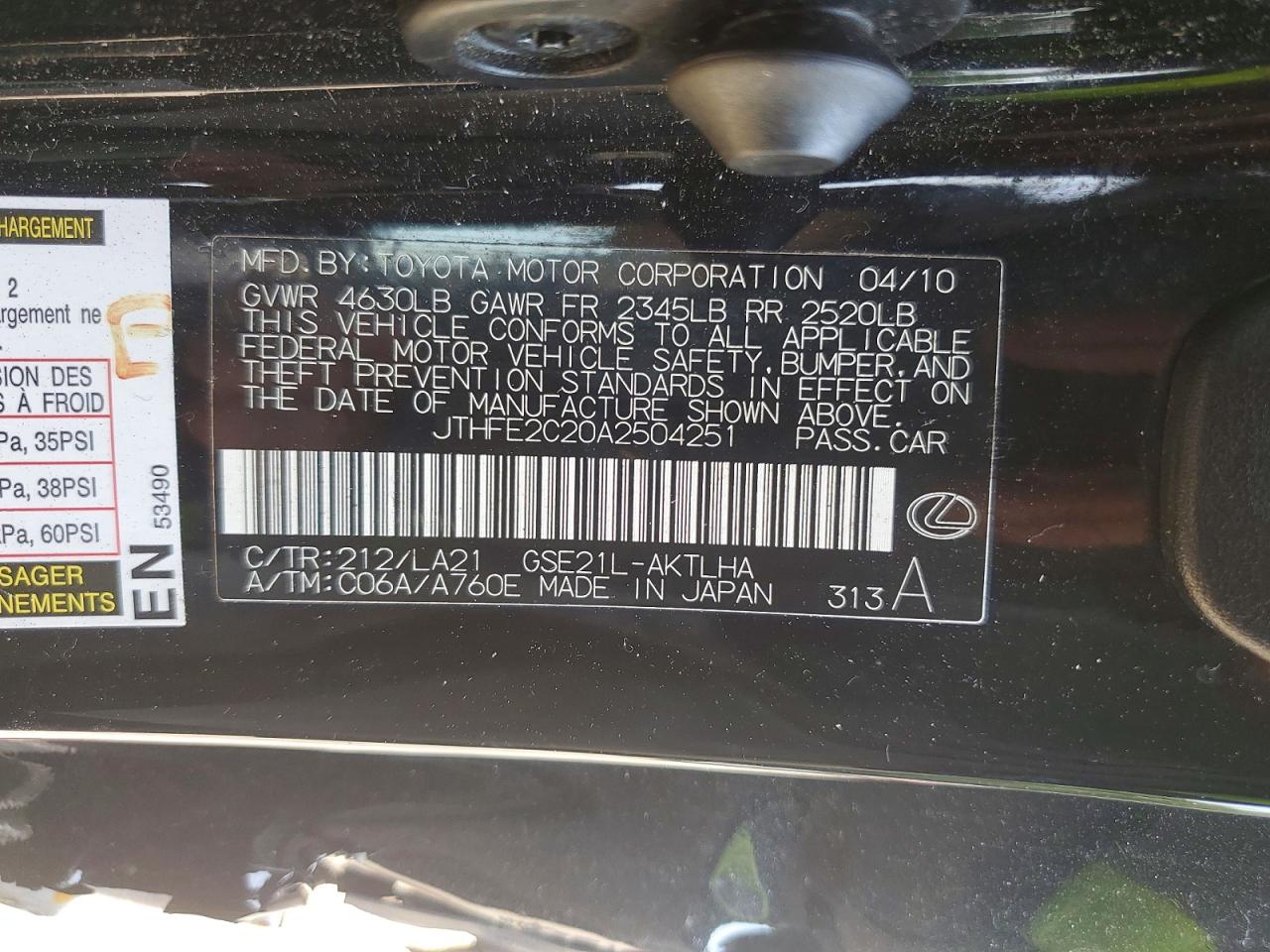 2010 Lexus Is 350 Black vin: JTHFE2C20A2504251