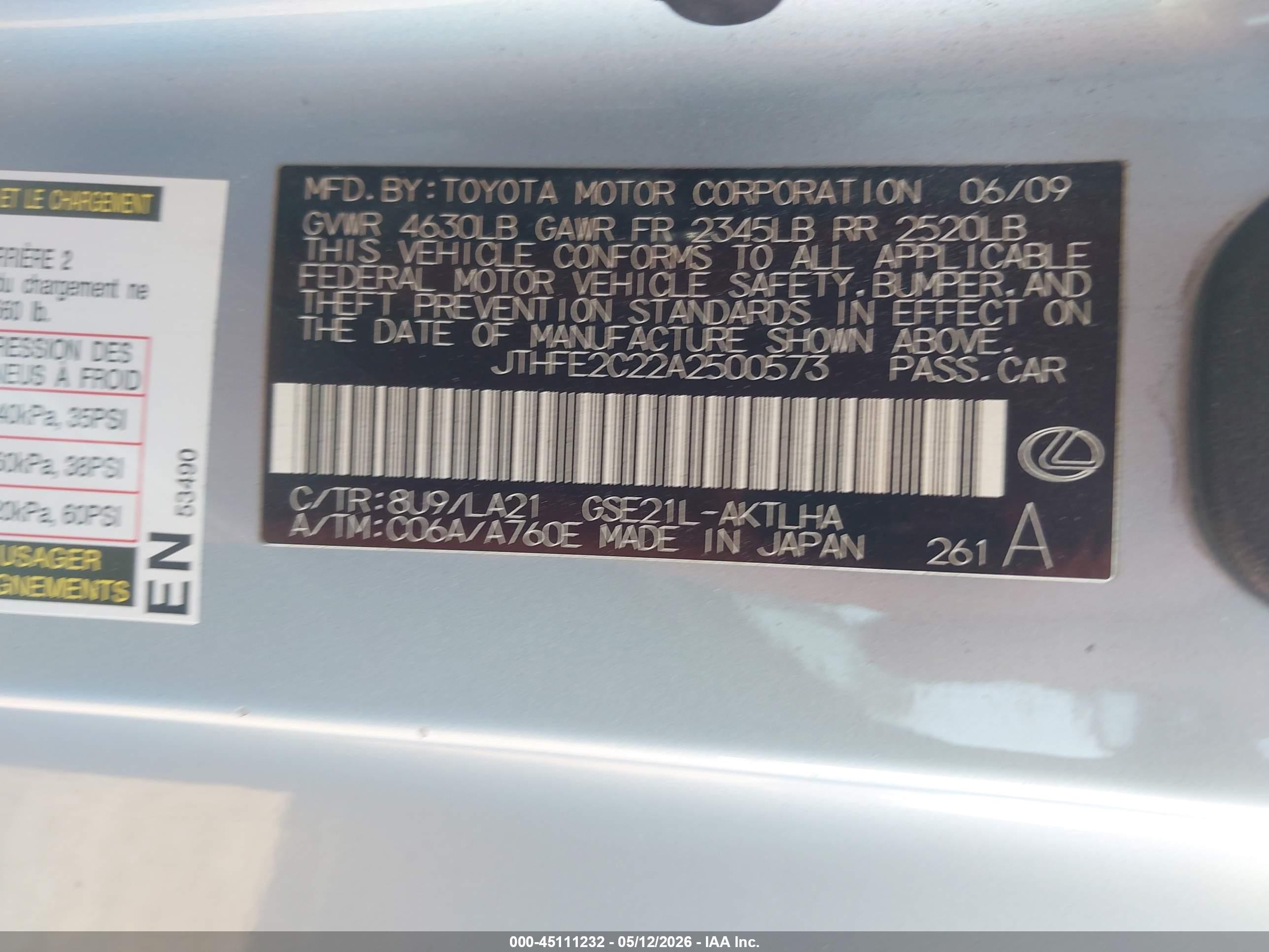 2010 Lexus Is 350c   Blue vin: JTHFE2C22A2500573