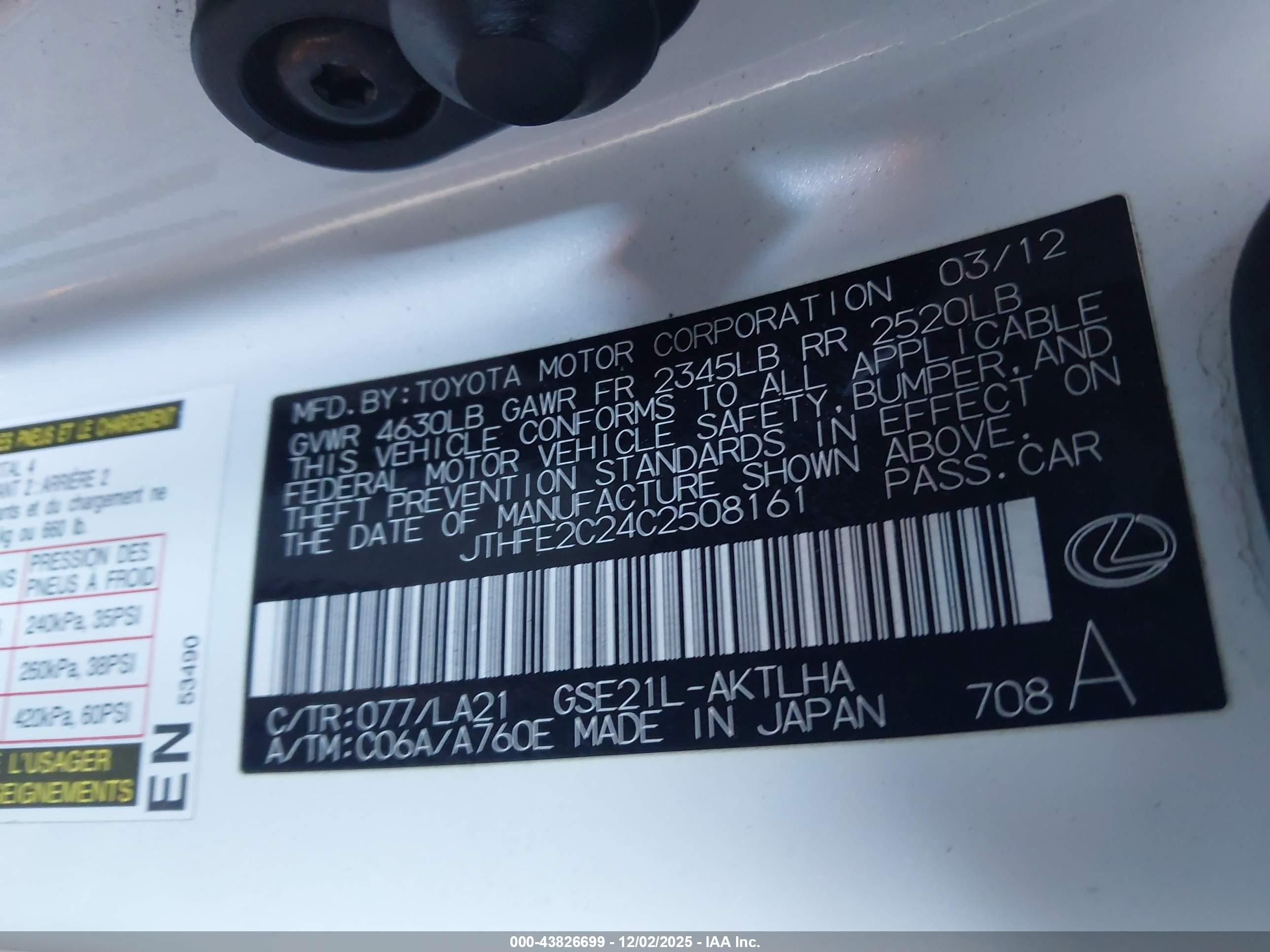 2012 Lexus Is 350c   White vin: JTHFE2C24C2508161